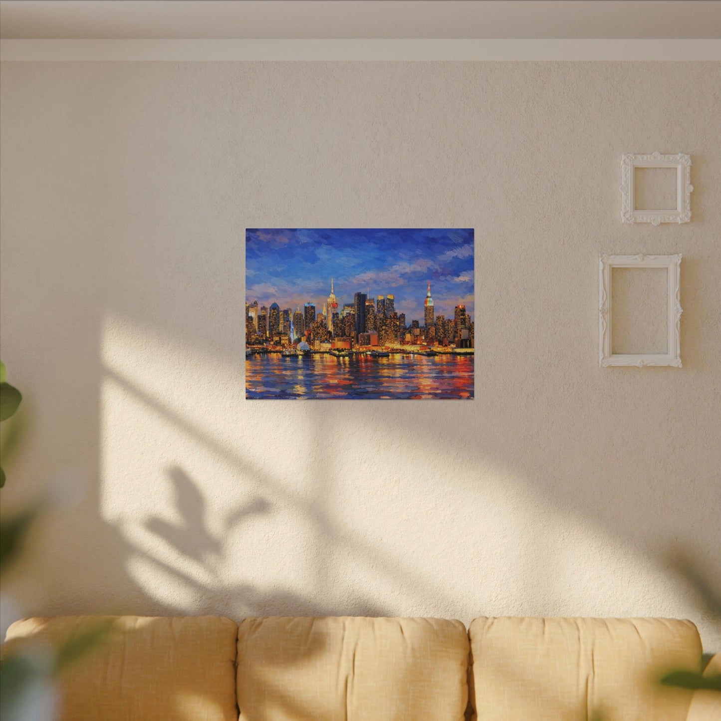 New York City Skyline Canvas Wall Art – Night Waterfront Impasto Cityscape Painting