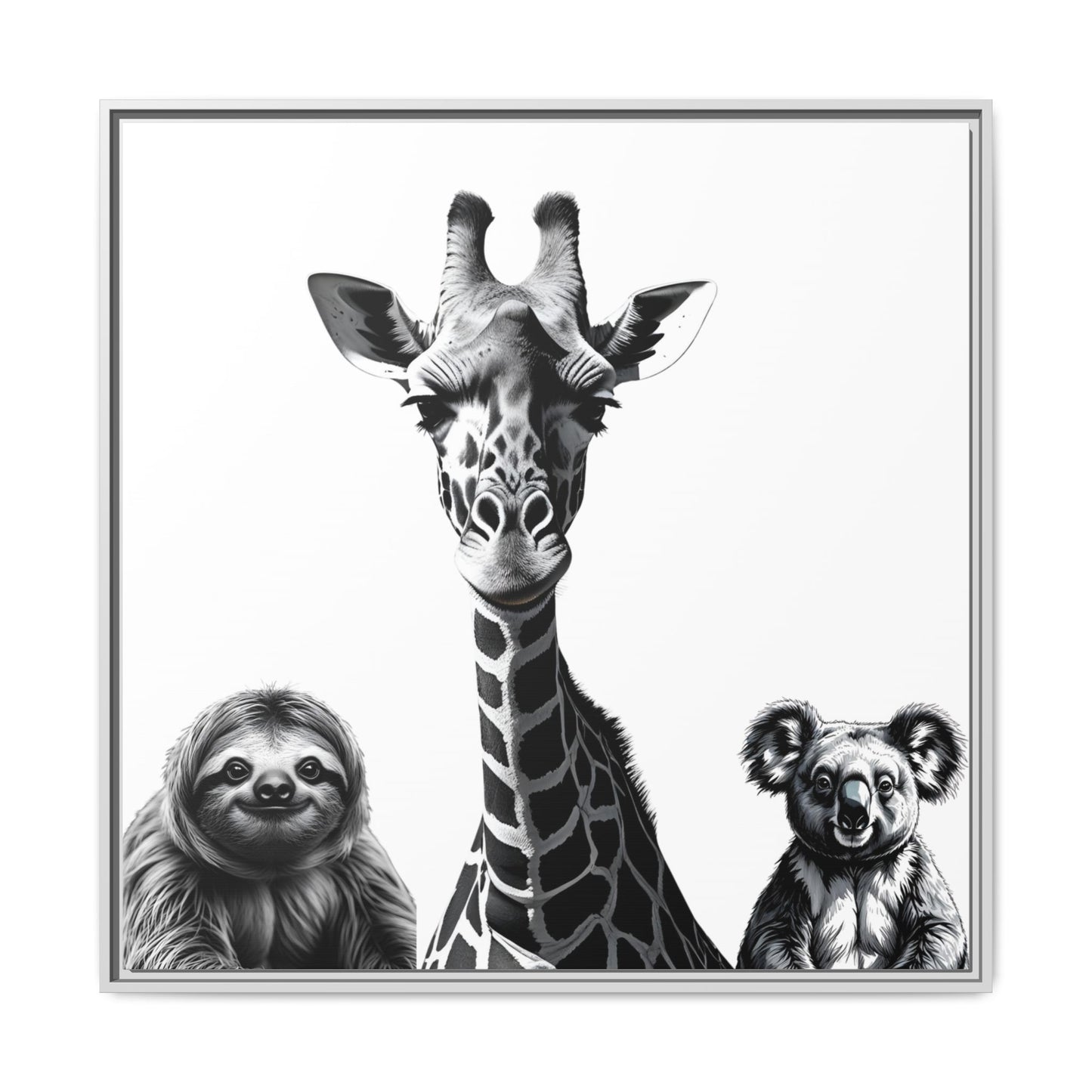 framed playful animal giraffe, sloth, koala print