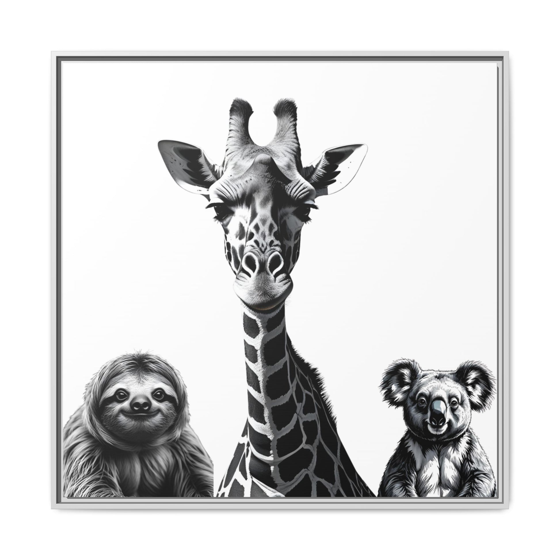 framed playful animal giraffe, sloth, koala print