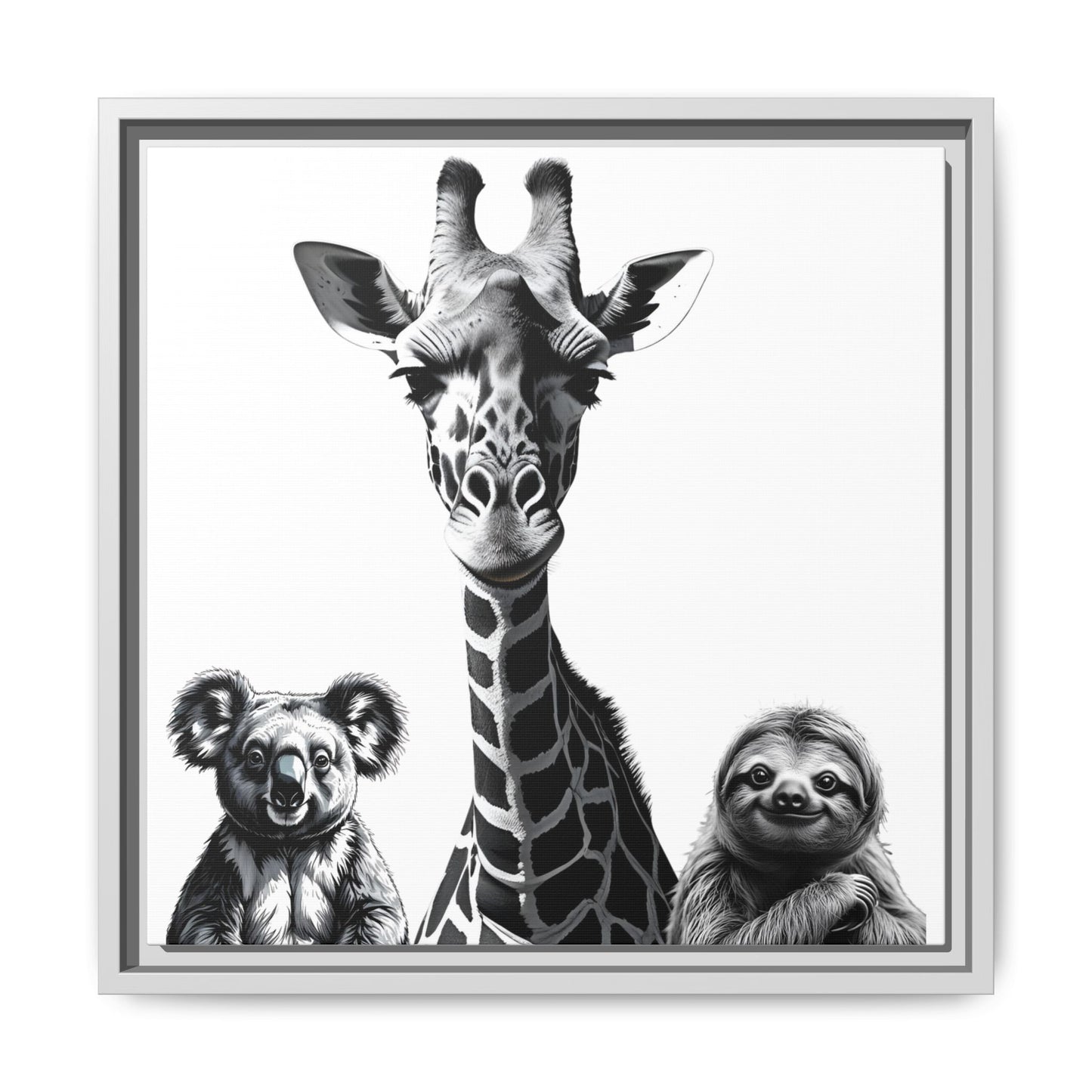 Framed artwork of a giraffe, koala, and sloth together.