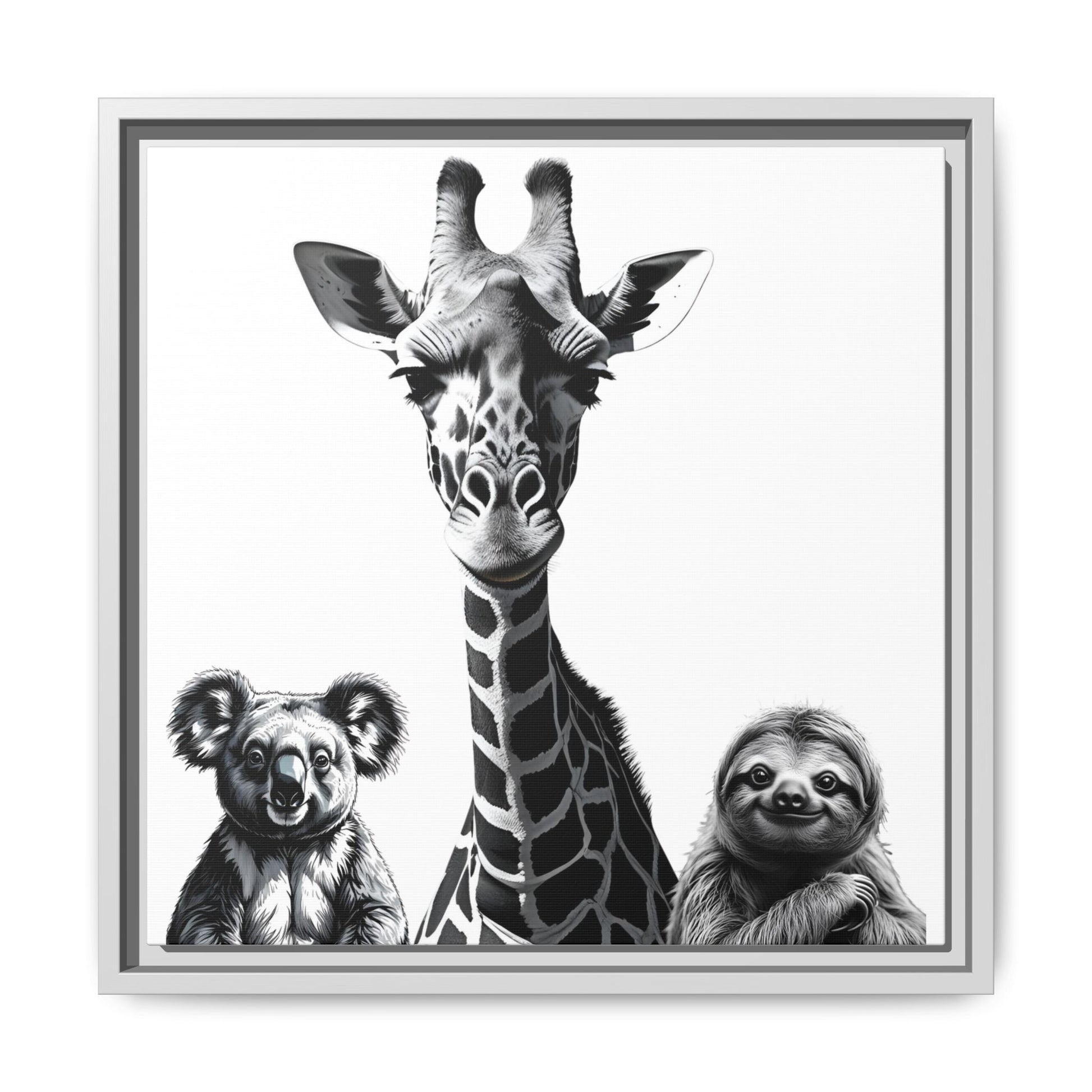 Framed artwork of a giraffe, koala, and sloth together.