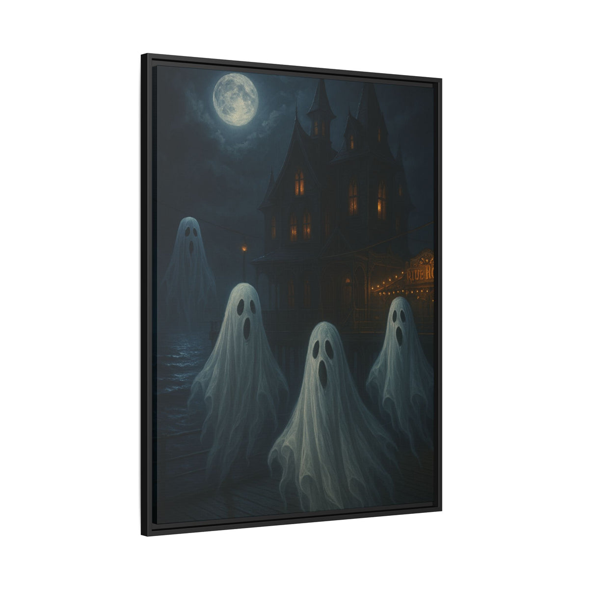 Haunted House Ghost Canvas Wall Art – Spooky Halloween Framed Art, Vintage Horror Decor, Gothic Night Scene Print