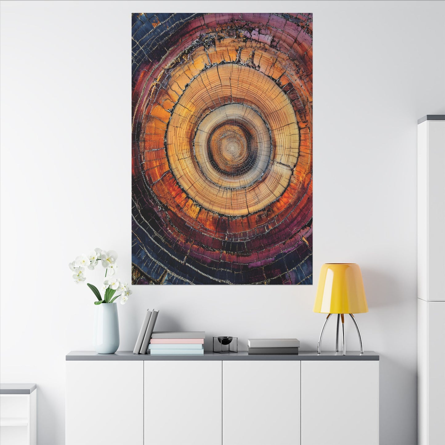 Colorful circular artwork on a white wall above a shelf with decor items.