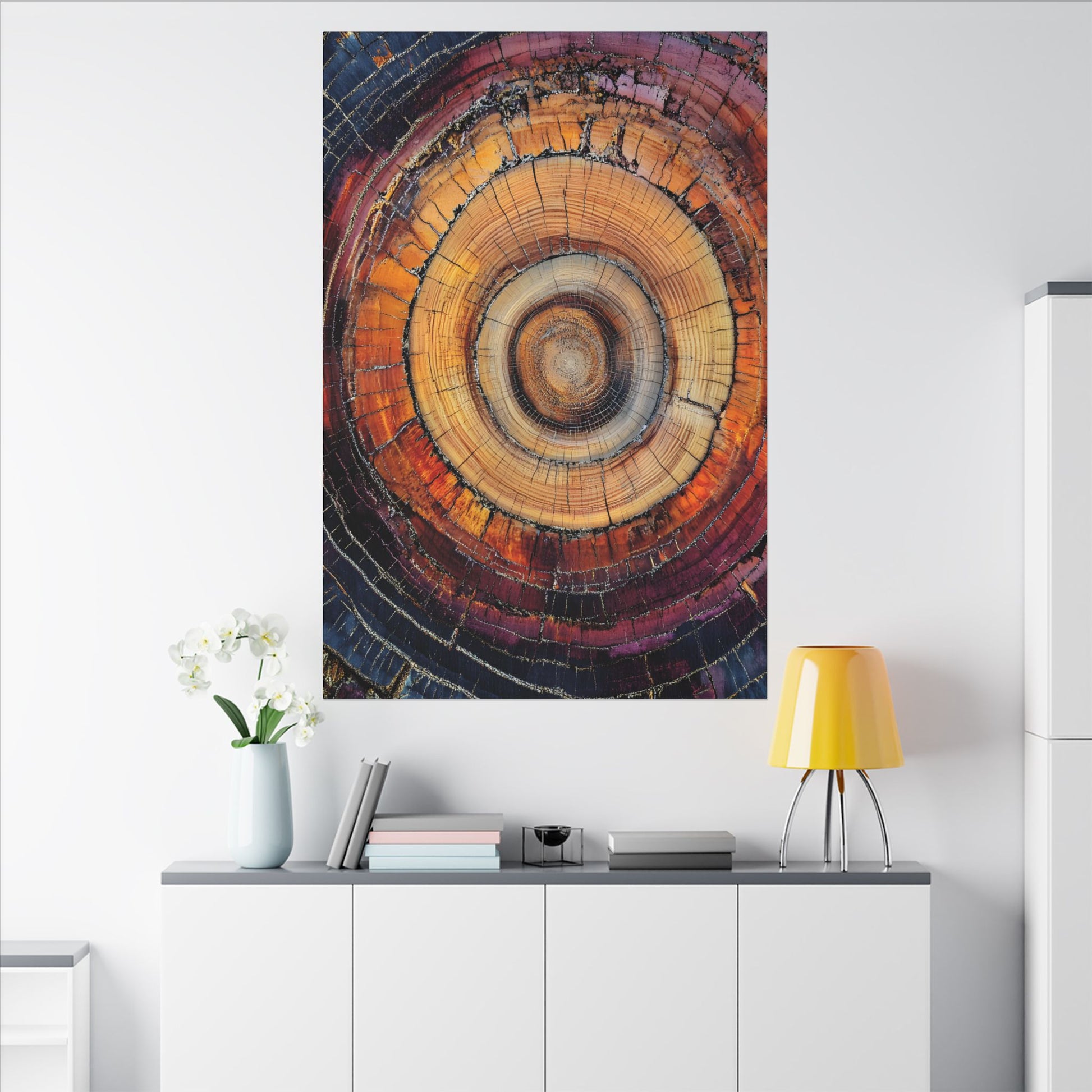 Colorful circular artwork on a white wall above a shelf with decor items.