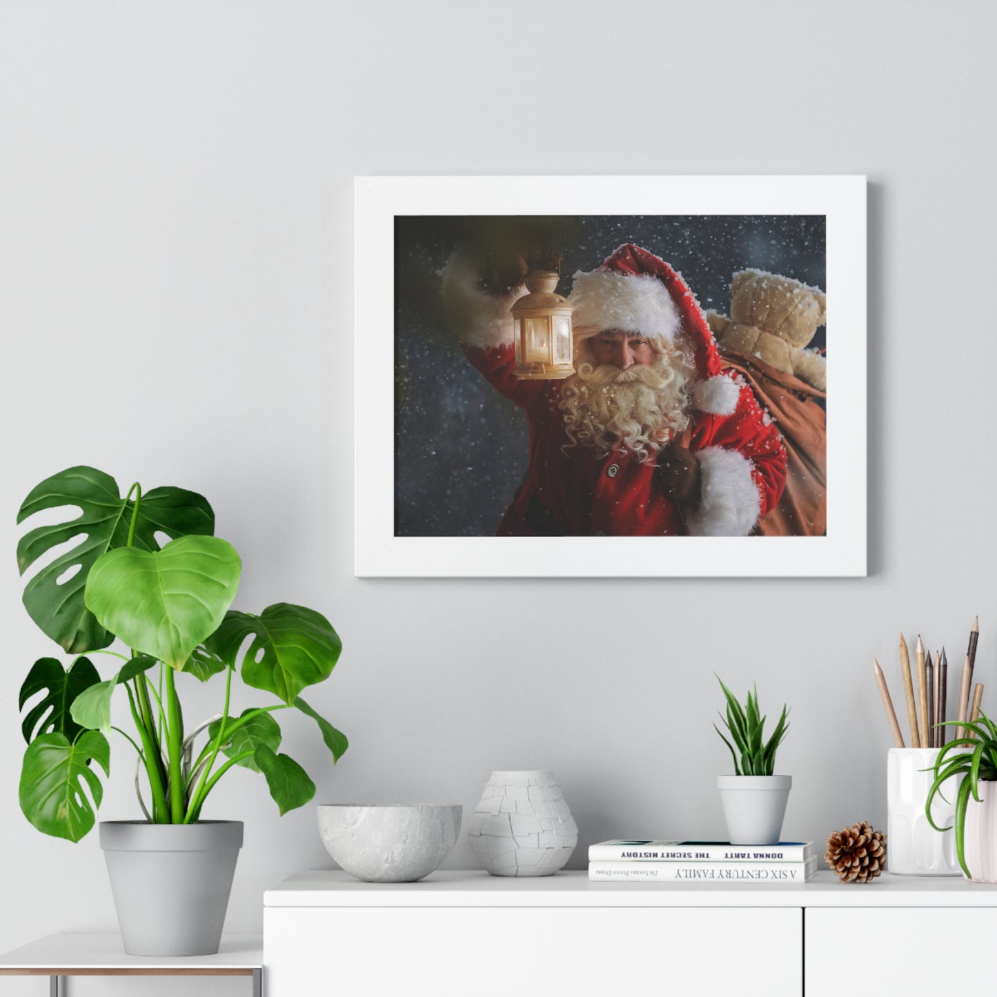 Christmas Wall Art Vintage Santa Claus with Lantern and Toy Bag | Vintage Mantle Art