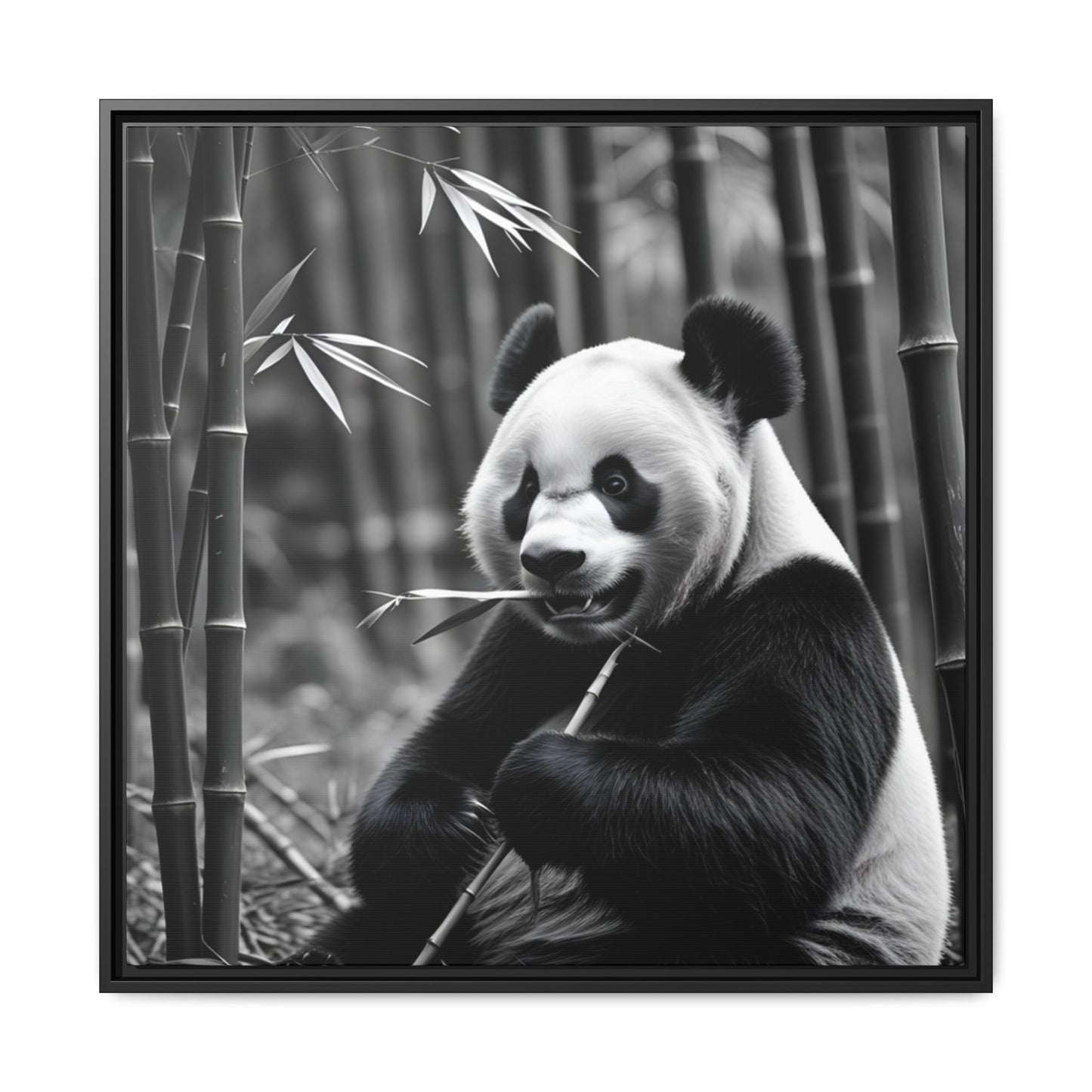 Black and white photo of a panda bear holding bamboo in a forest setting
