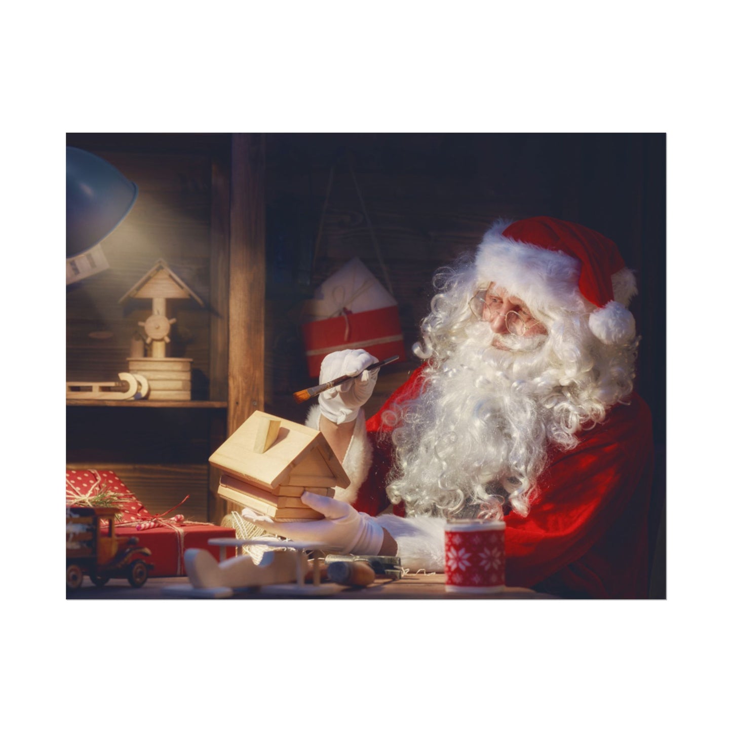 Santa's Workshop Poster, Christmas Wall Art of Santa Making Toys, Vintage Holiday Print, Santa Claus in Toy Shop, Festive Christmas Poster