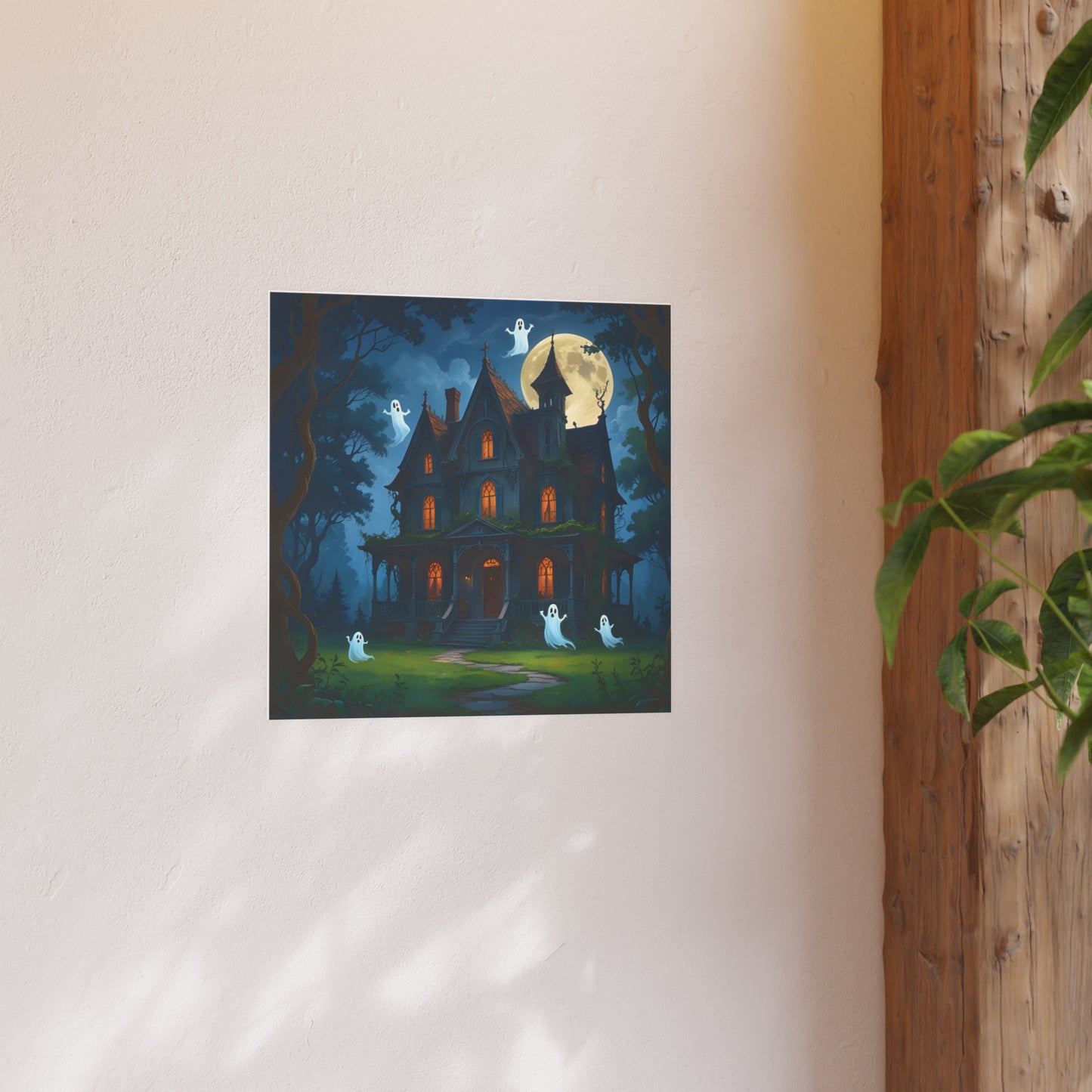 Haunted House Ghosts Poster — Friendly Ghosts Floating Around a Haunted House