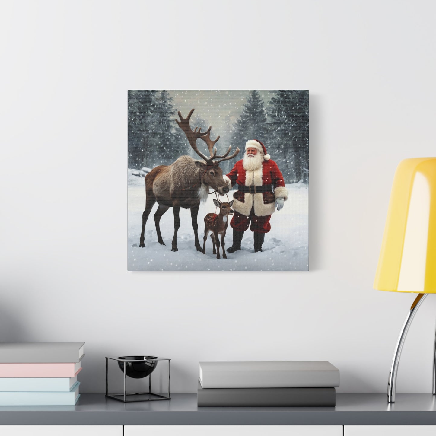 Santa with Reindeer Christmas Wall Art Canvas | Festive Holiday Home Decor