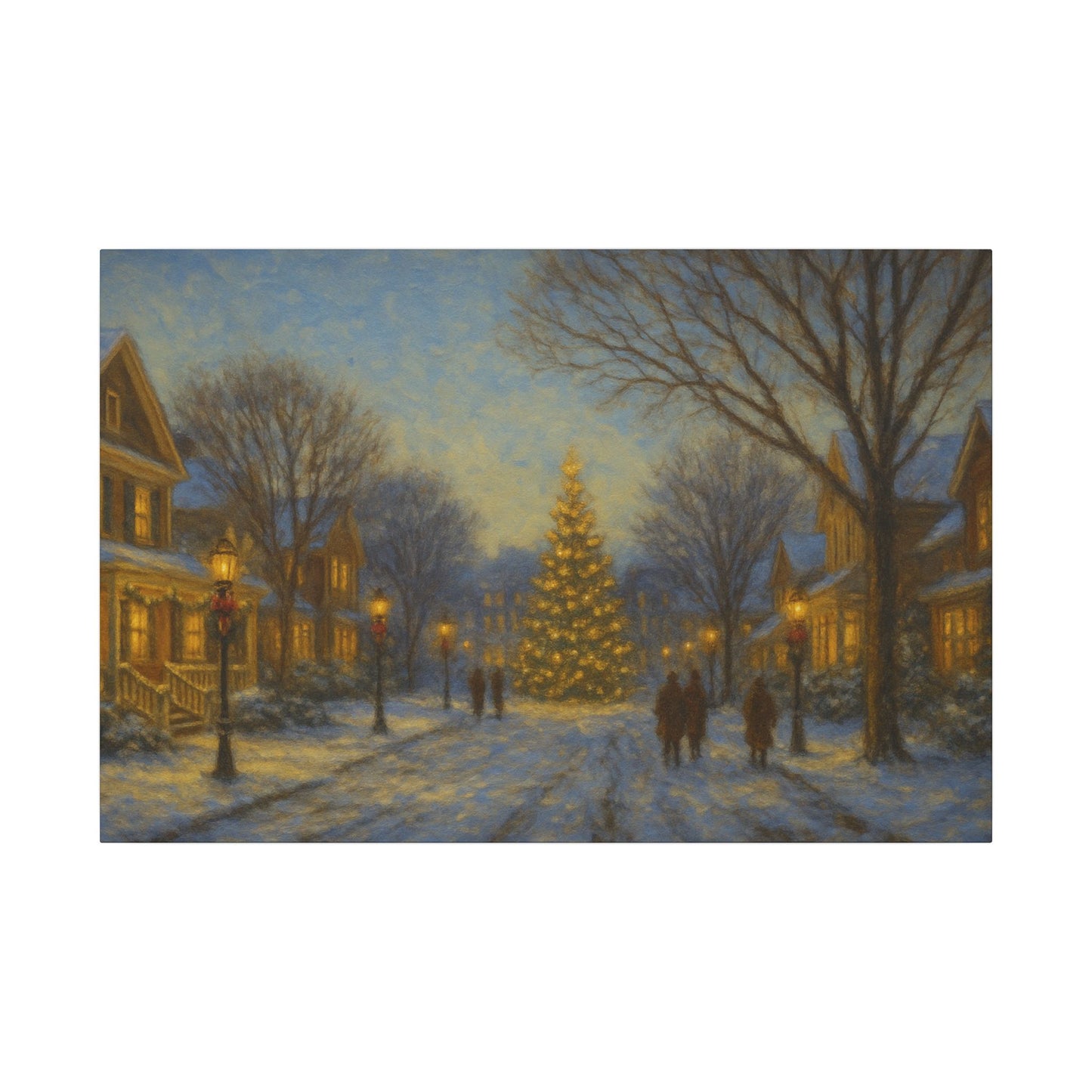 Painting of a snowy street scene with a Christmas tree at night.