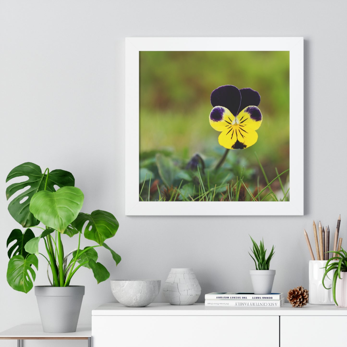 Framed Purple & Yellow Pansy Wall Art Poster | Botanical Floral Wall Decor