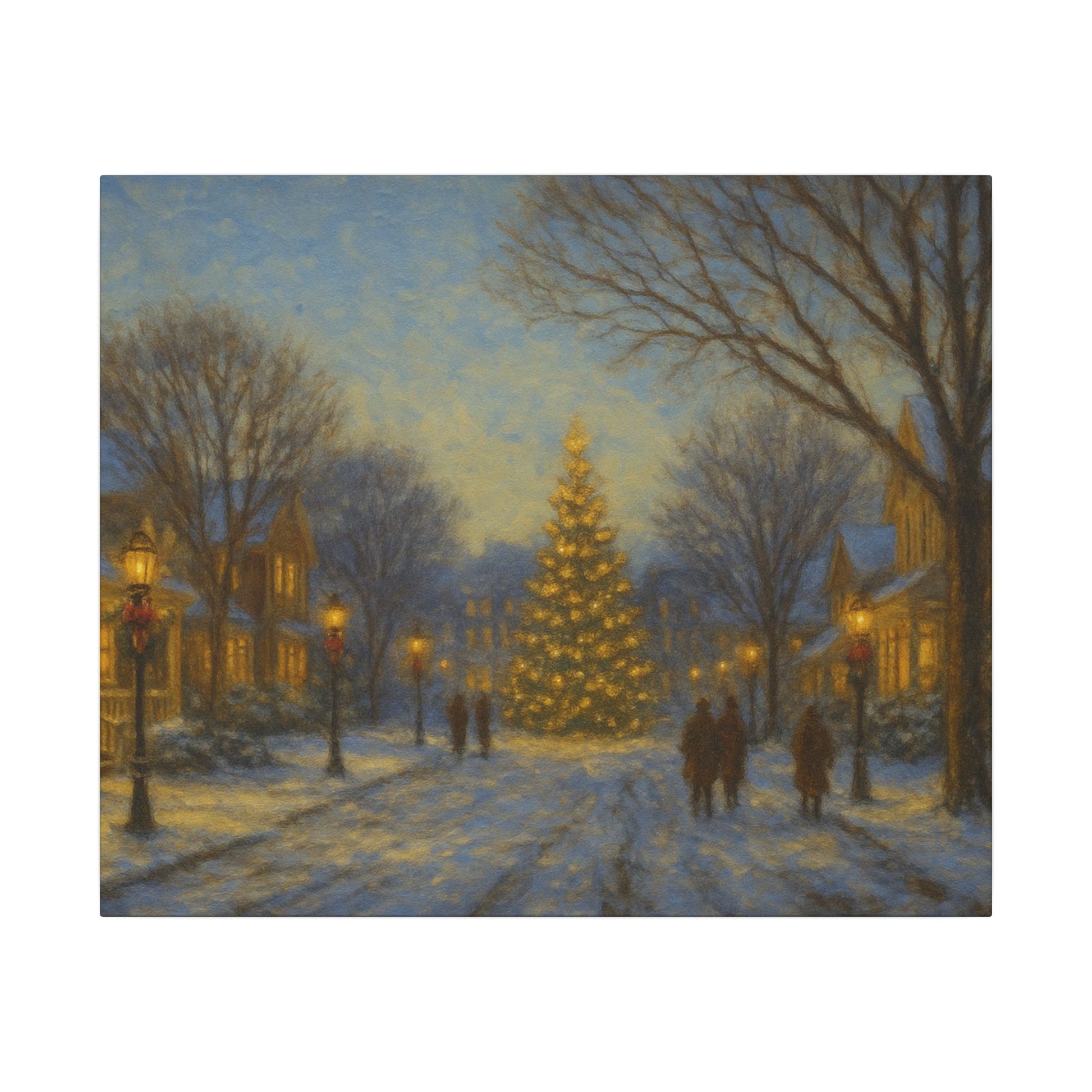 Winter scene with a decorated Christmas tree on a snowy street at night.