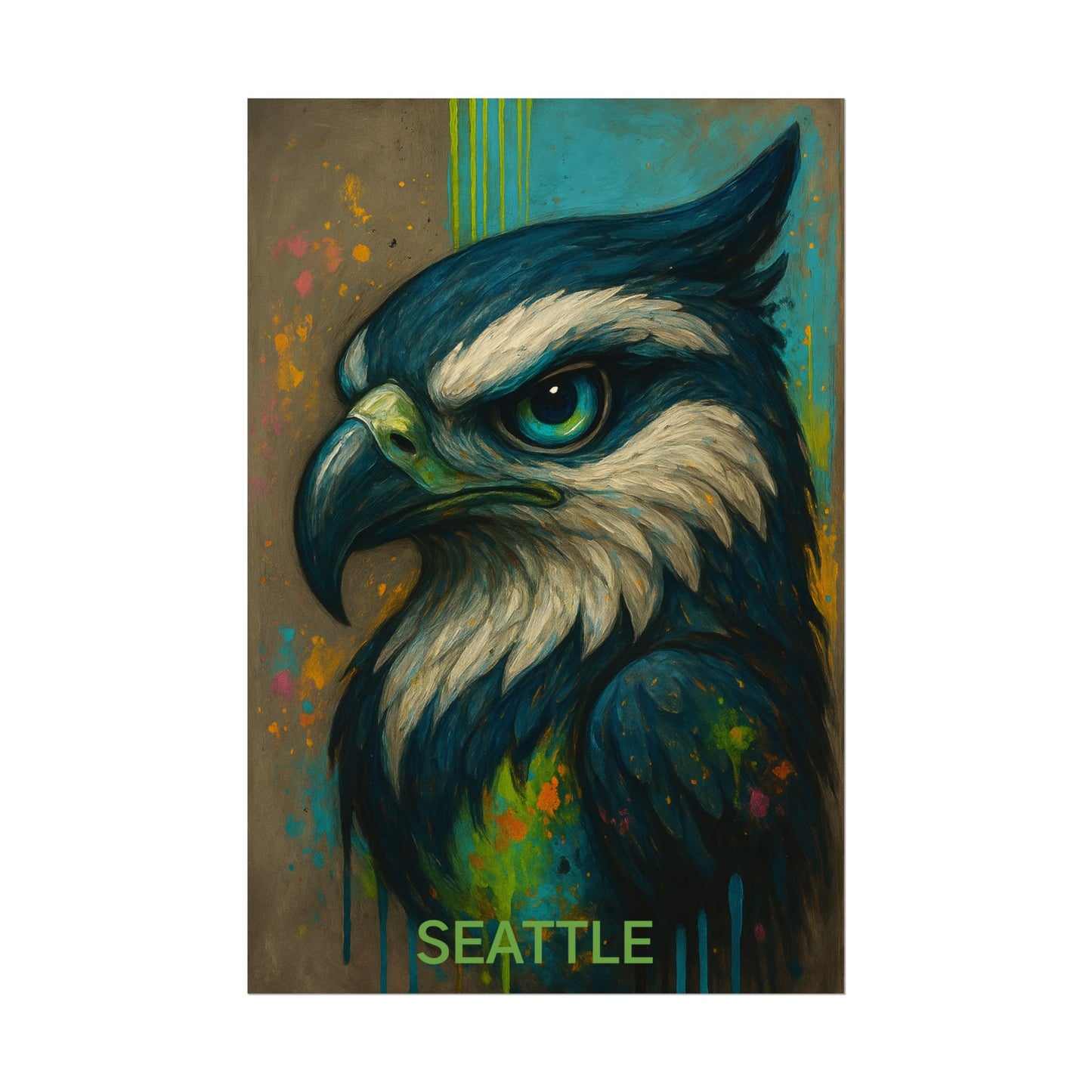 Artistic depiction of an hawk with 'Seattle' text on a colorful background