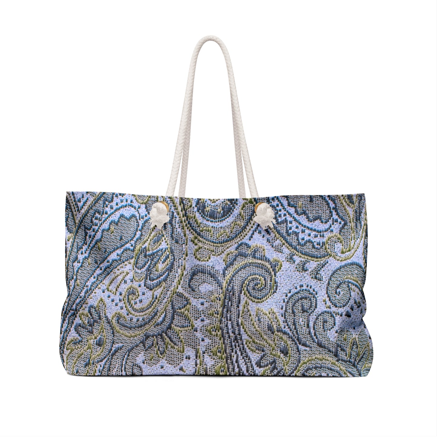 Patterned handbag with a white handle on a white background