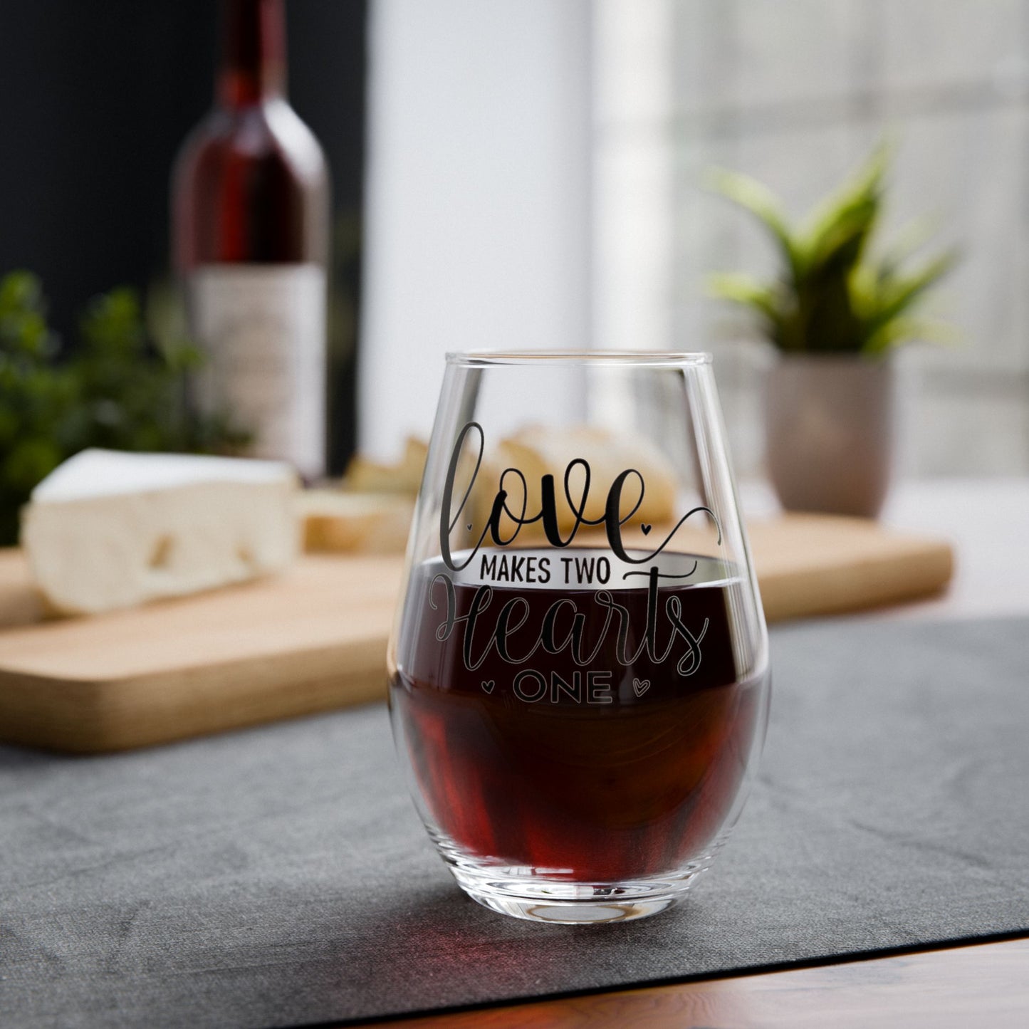 Romantic Stemless Wine Glass – Love Makes Two Hearts One