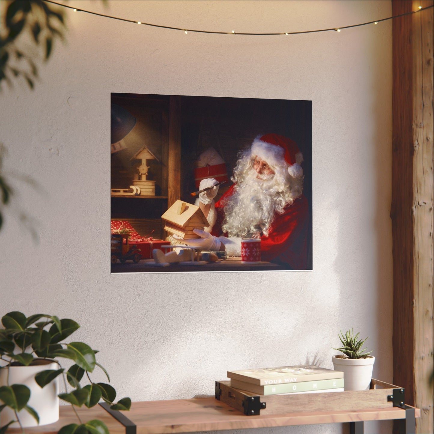 Santa's Workshop Poster, Christmas Wall Art of Santa Making Toys, Vintage Holiday Print, Santa Claus in Toy Shop, Festive Christmas Poster