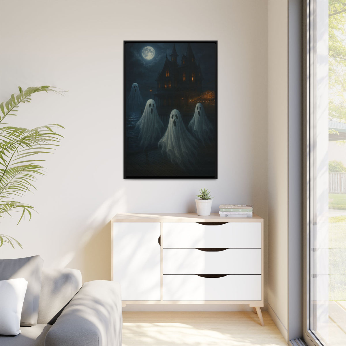 Haunted House Ghost Canvas Wall Art – Spooky Halloween Framed Art, Vintage Horror Decor, Gothic Night Scene Print