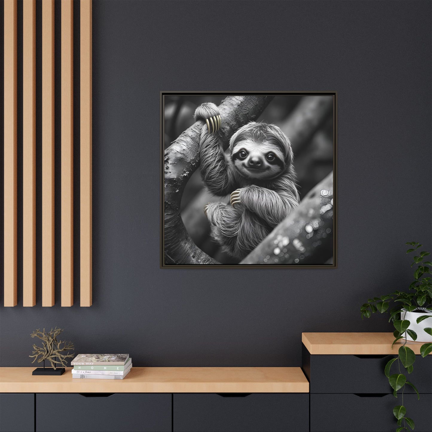 Smiling Sloth Hanging on Tree Branch Wall Art on Framed Canvas, Sloth Lover Gift, Nursery Decor, Wildlife Artwork