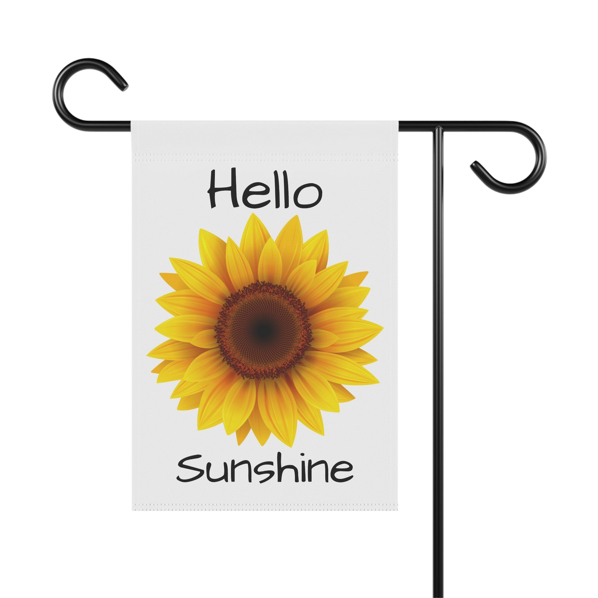 Garden flag with a sunflower and 'Hello Sunshine' text on a white background