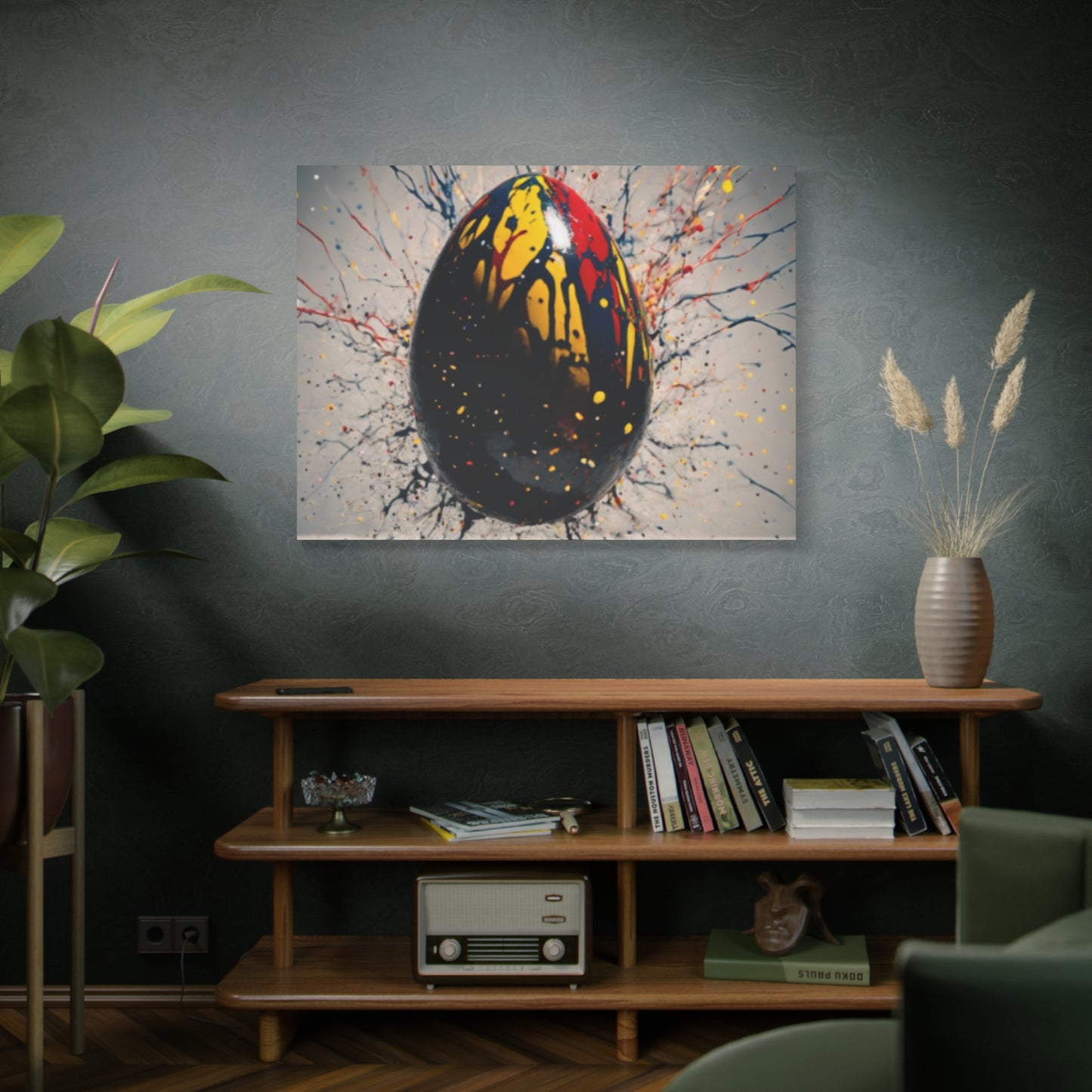 Vibrantly Painted Egg on Canvas | Abstract Paint Splatter Art I Easter Egg Art