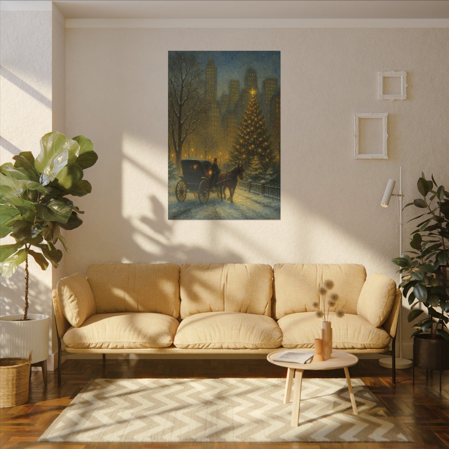 Living room with beige sofa, decorative table, and wall art of a horse-drawn carriage.