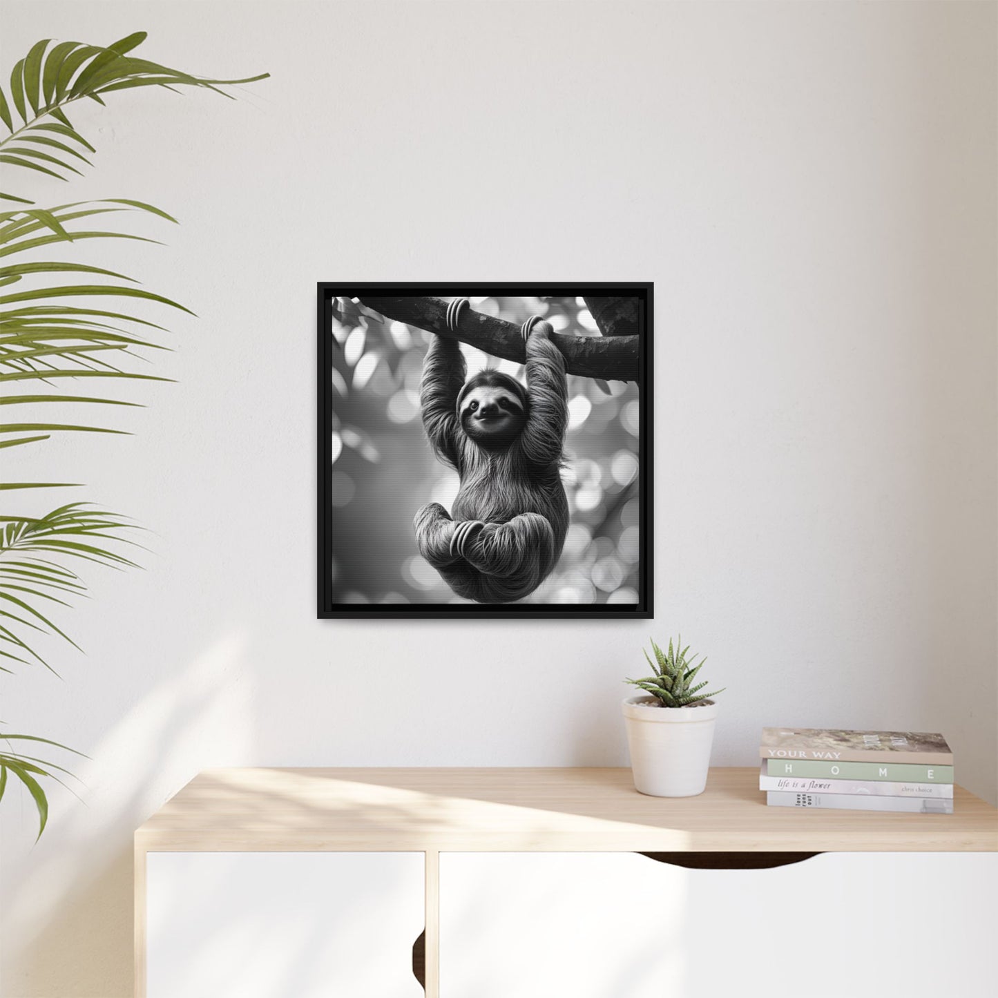Black and White Sloth Framed Canvas Wall Art, Minimalist Animal Print, Modern Jungle Wildlife Home Decor, Sloth Lover Gift, Monochrome Image