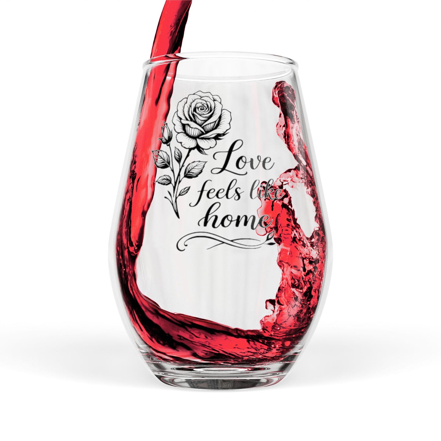 Love Feels Like Home Rose Stemless Wine Glass – Romantic Floral Gift, 11.75oz