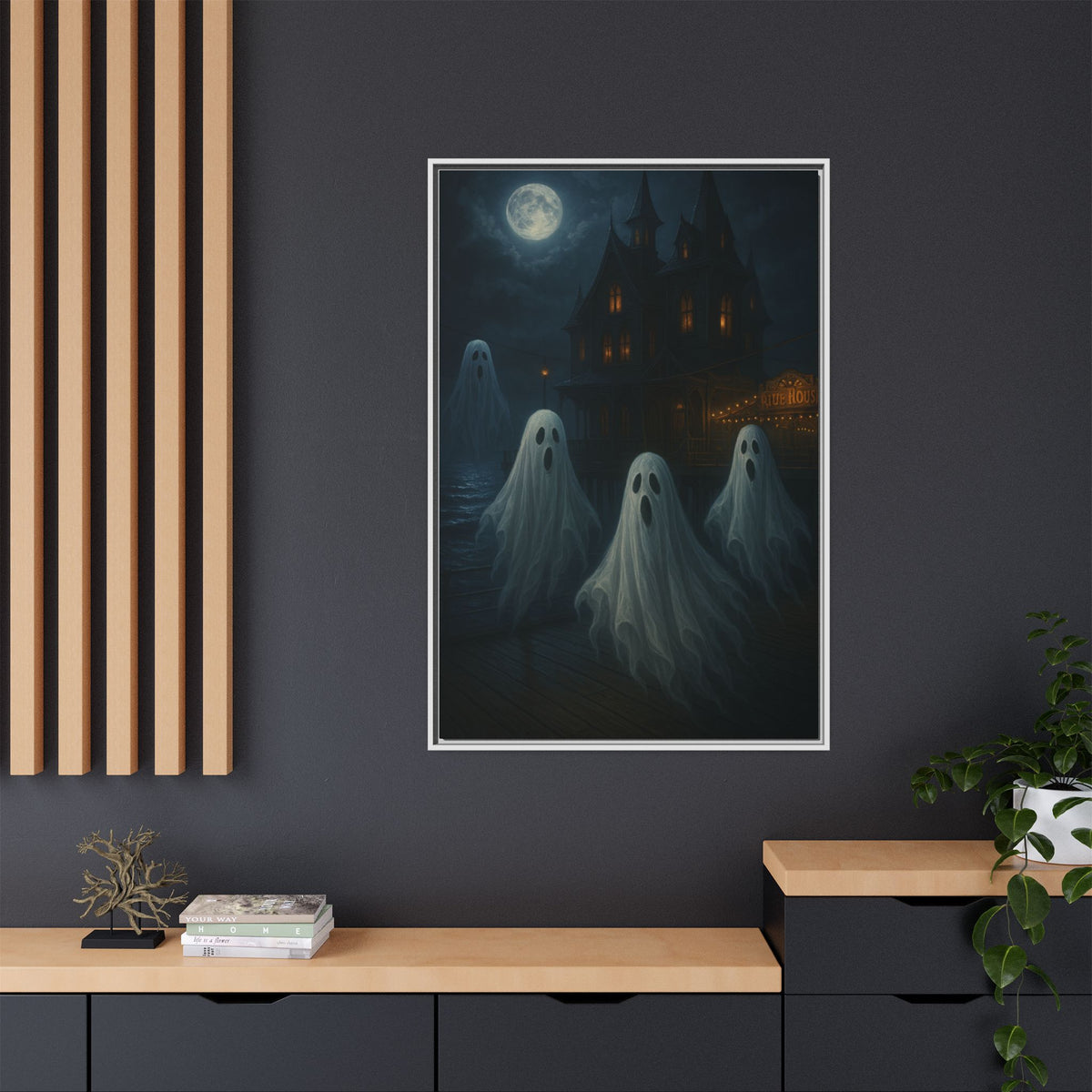 Haunted House Ghost Canvas Wall Art – Spooky Halloween Framed Art, Vintage Horror Decor, Gothic Night Scene Print
