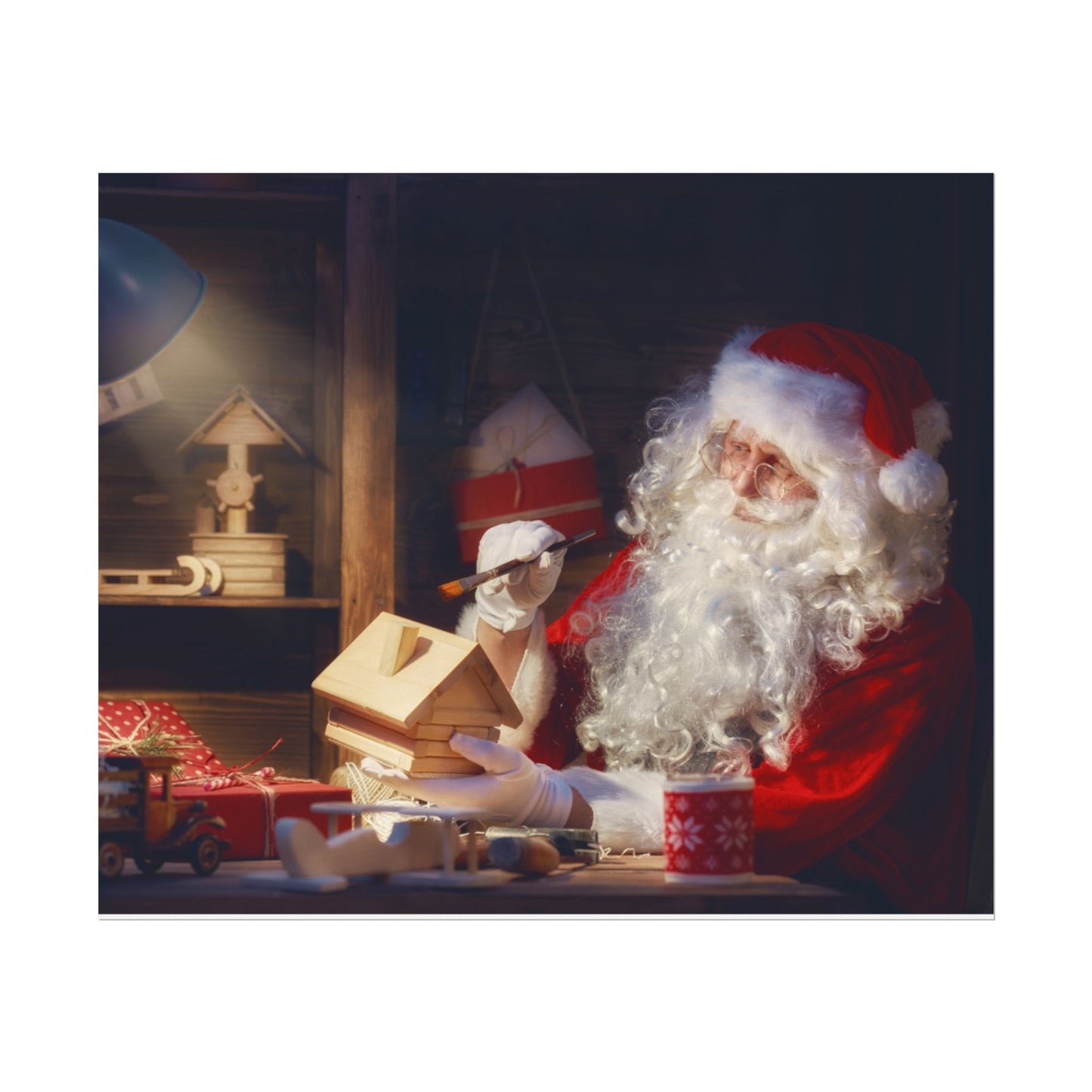 Santa's Workshop Poster, Christmas Wall Art of Santa Making Toys, Vintage Holiday Print, Santa Claus in Toy Shop, Festive Christmas Poster