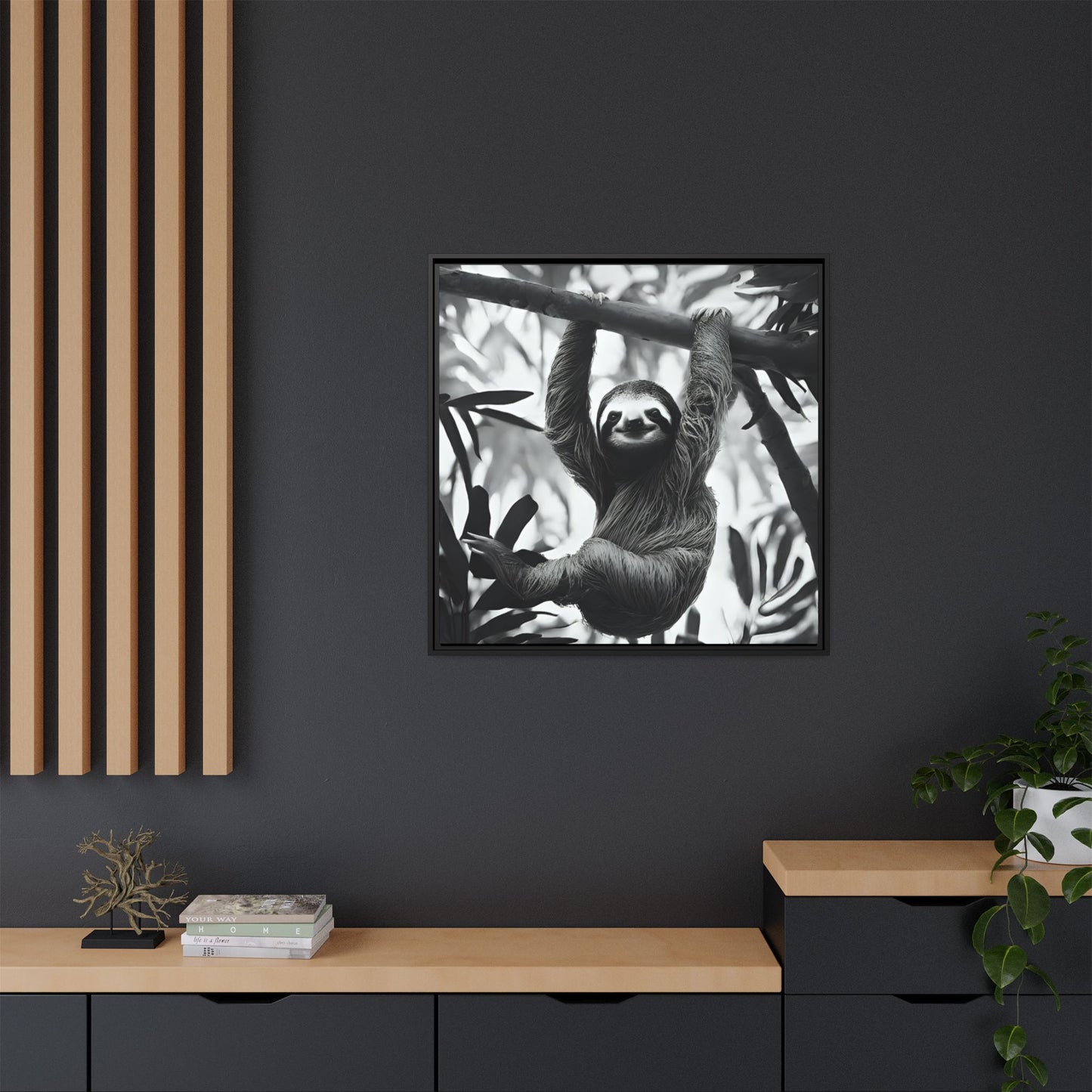 Playful Sloth Hanging from Tree Branch Black & White Animal Wall Art, Cute Sloth Photography Print, Jungle Theme Home Deco