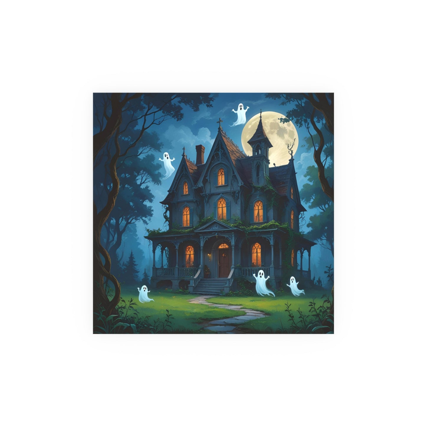 Haunted House Ghosts Poster — Friendly Ghosts Floating Around a Haunted House