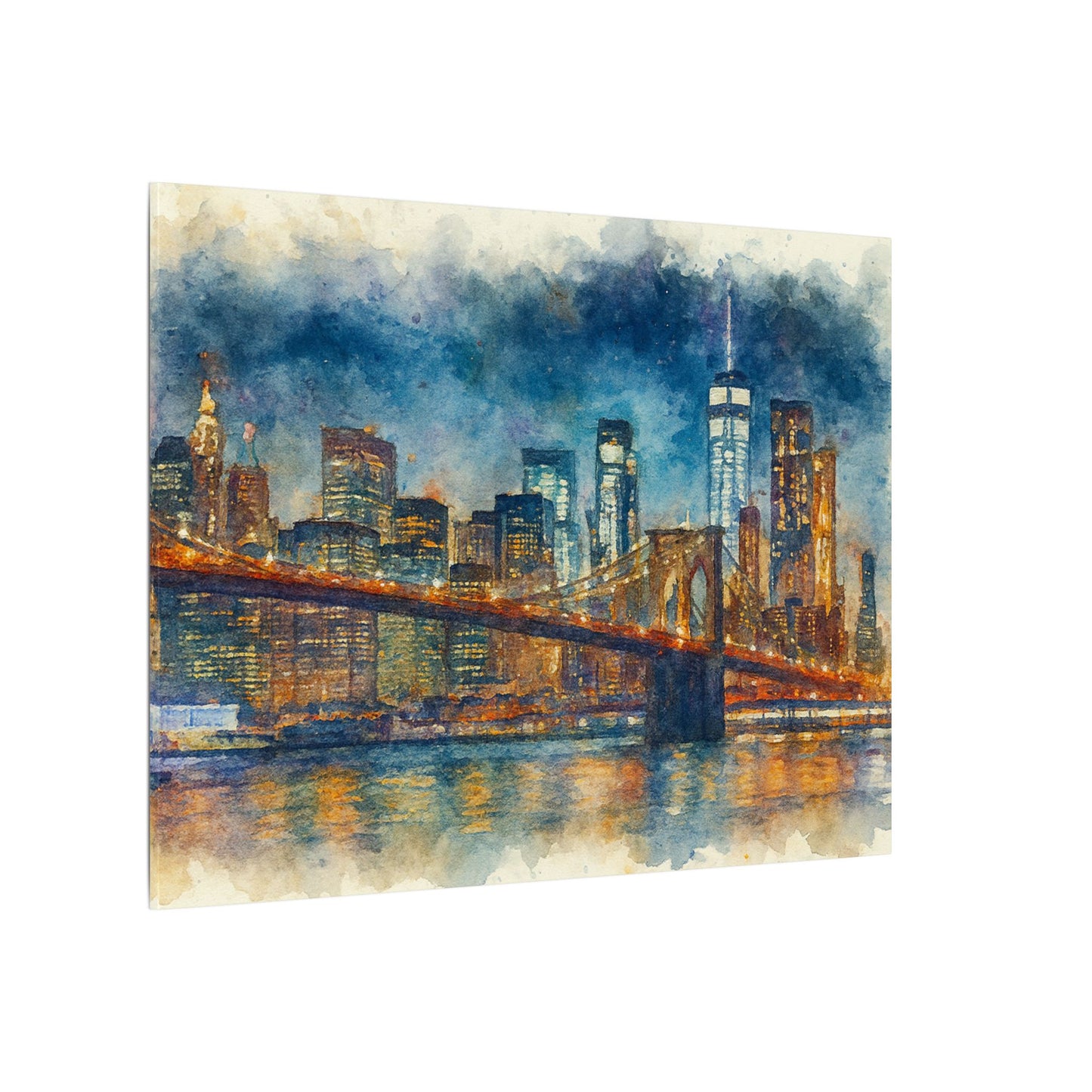 NYC Skyline Watercolor Art Print, Brooklyn Bridge Night Painting, New York City Wall Decor, Skyline Canvas Print, Urban Landscape