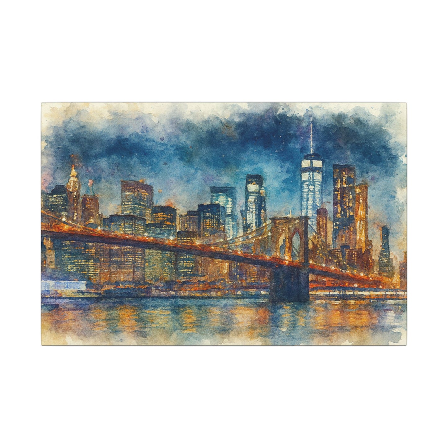 NYC Skyline Watercolor Art Print, Brooklyn Bridge Night Painting, New York City Wall Decor, Skyline Canvas Print, Urban Landscape