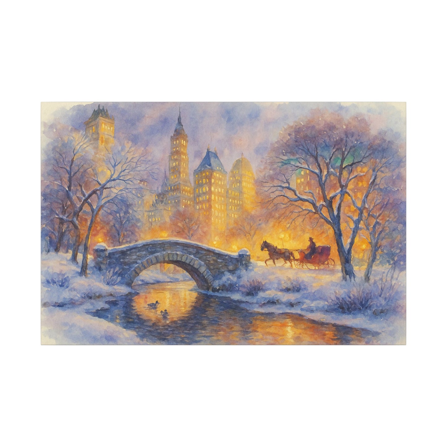 Winter scene with a bridge, trees, and a horse-drawn carriage in a cityscape.