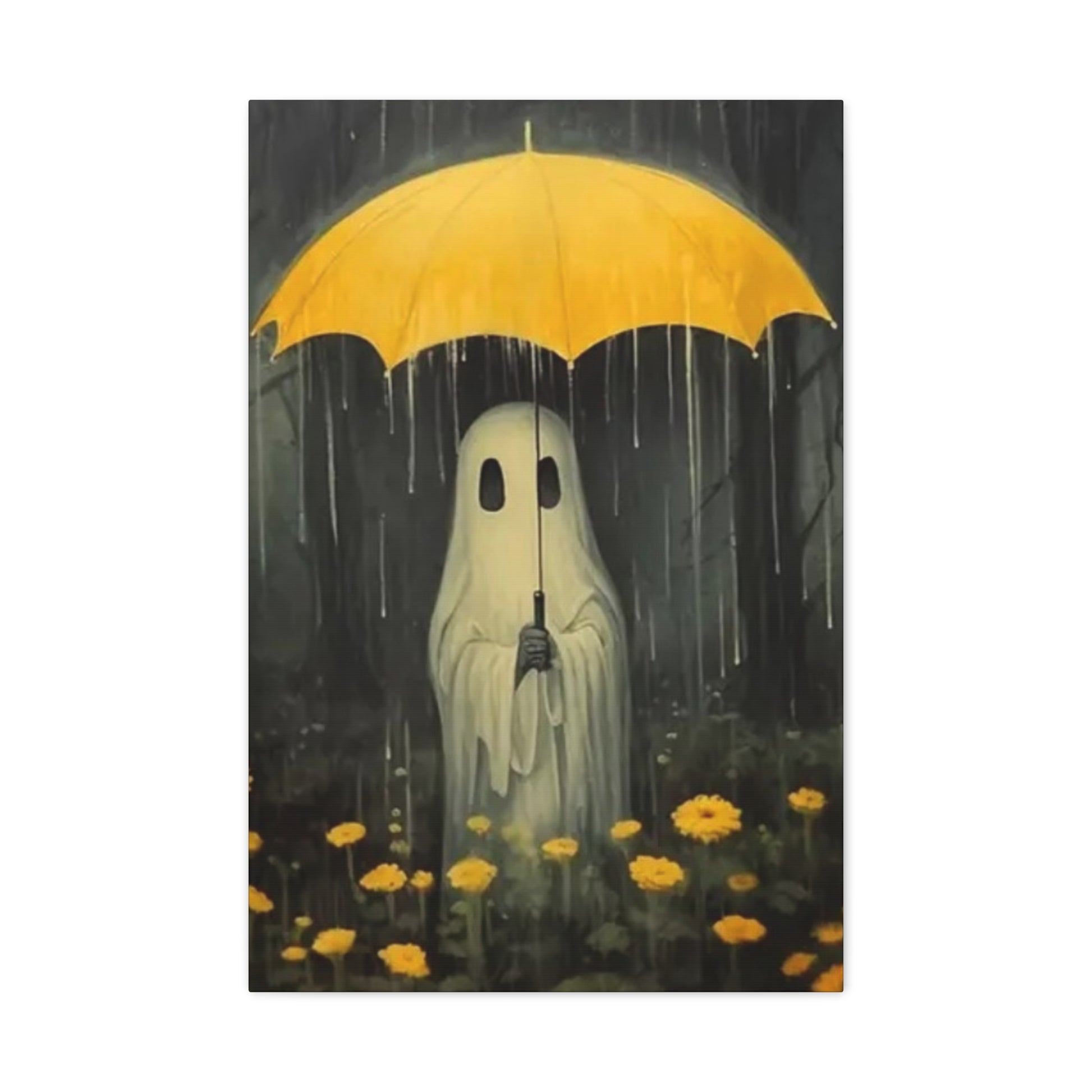 Ghost holding a yellow umbrella in a rain scene with yellow flowers