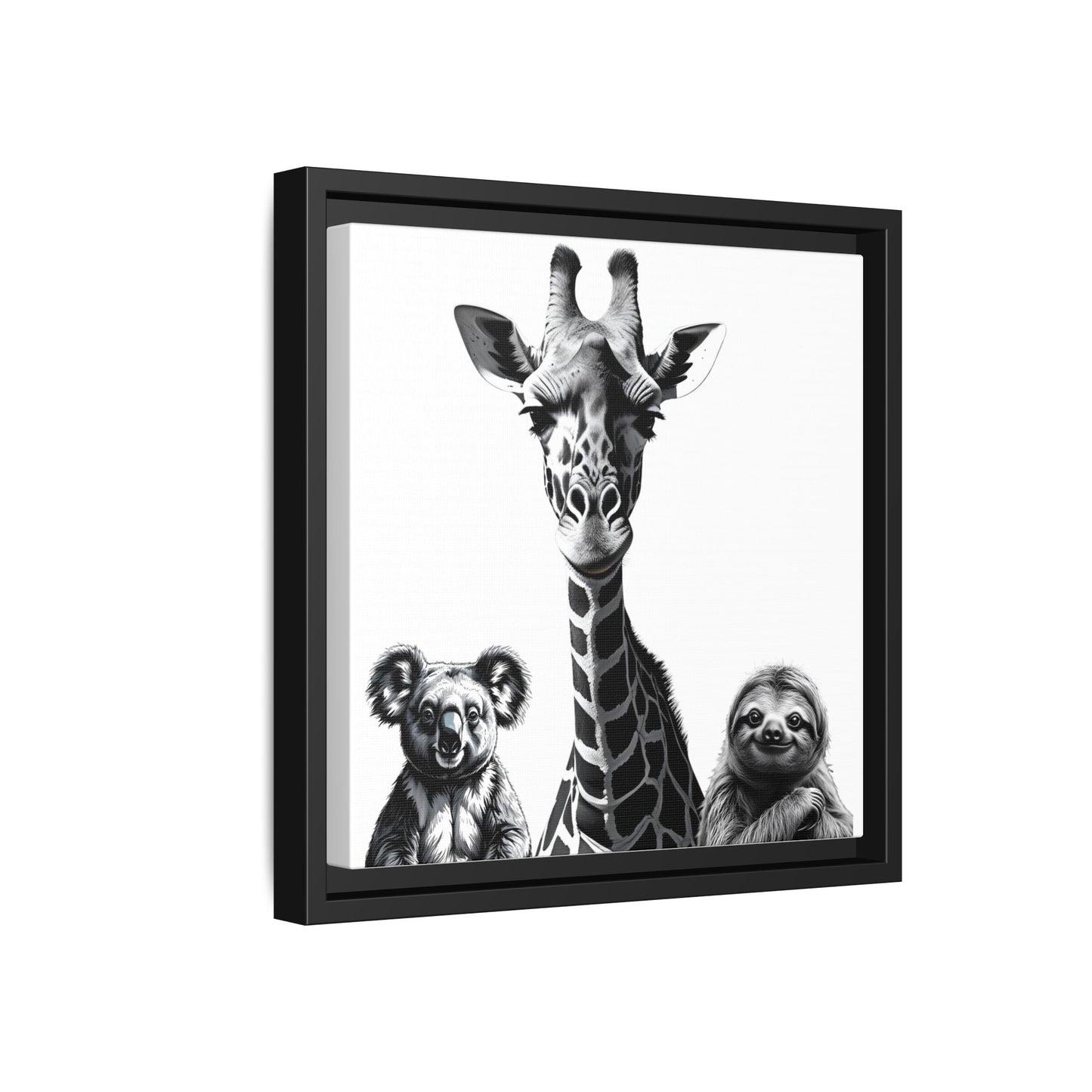 Framed artwork of a giraffe with a koala and sloth on a white background