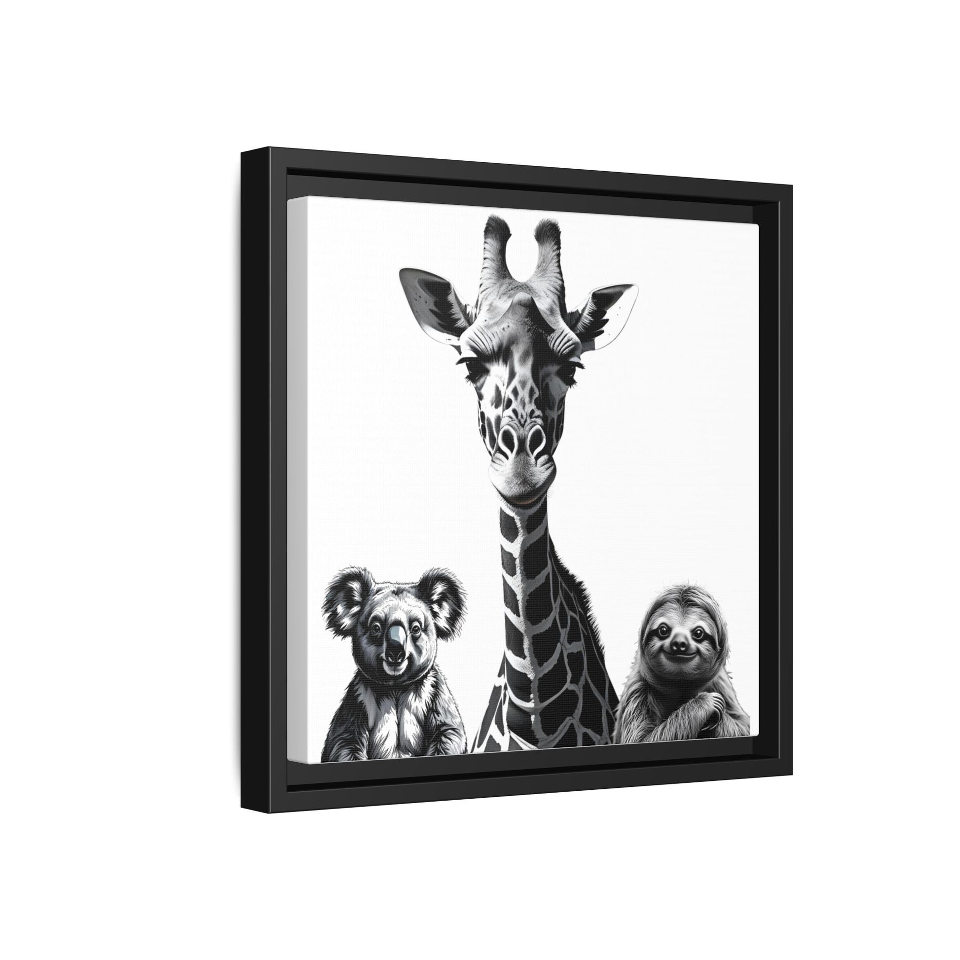 Framed artwork of a giraffe with a koala and sloth on a white background