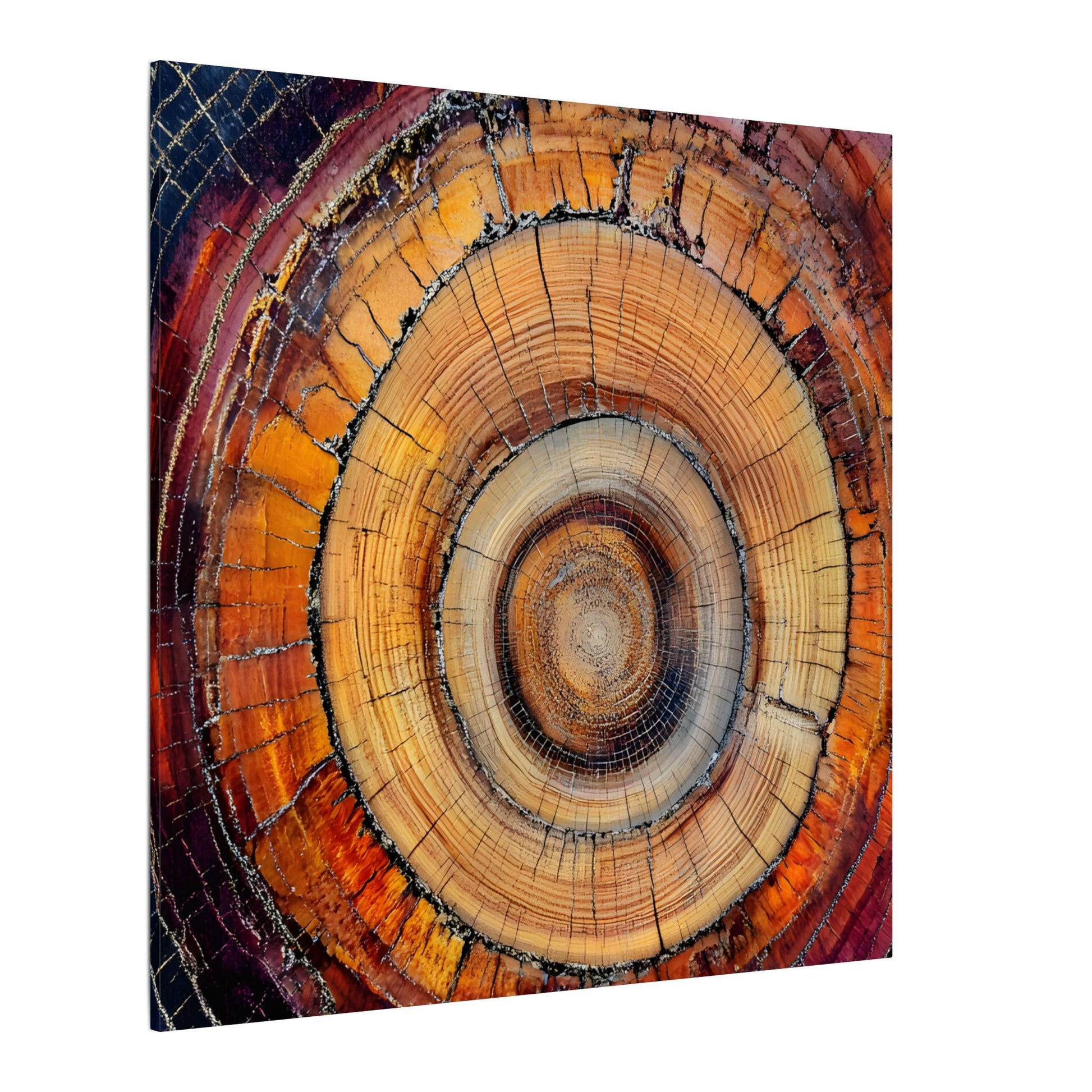 Close-up of a tree trunk cross-section with concentric rings on a white background