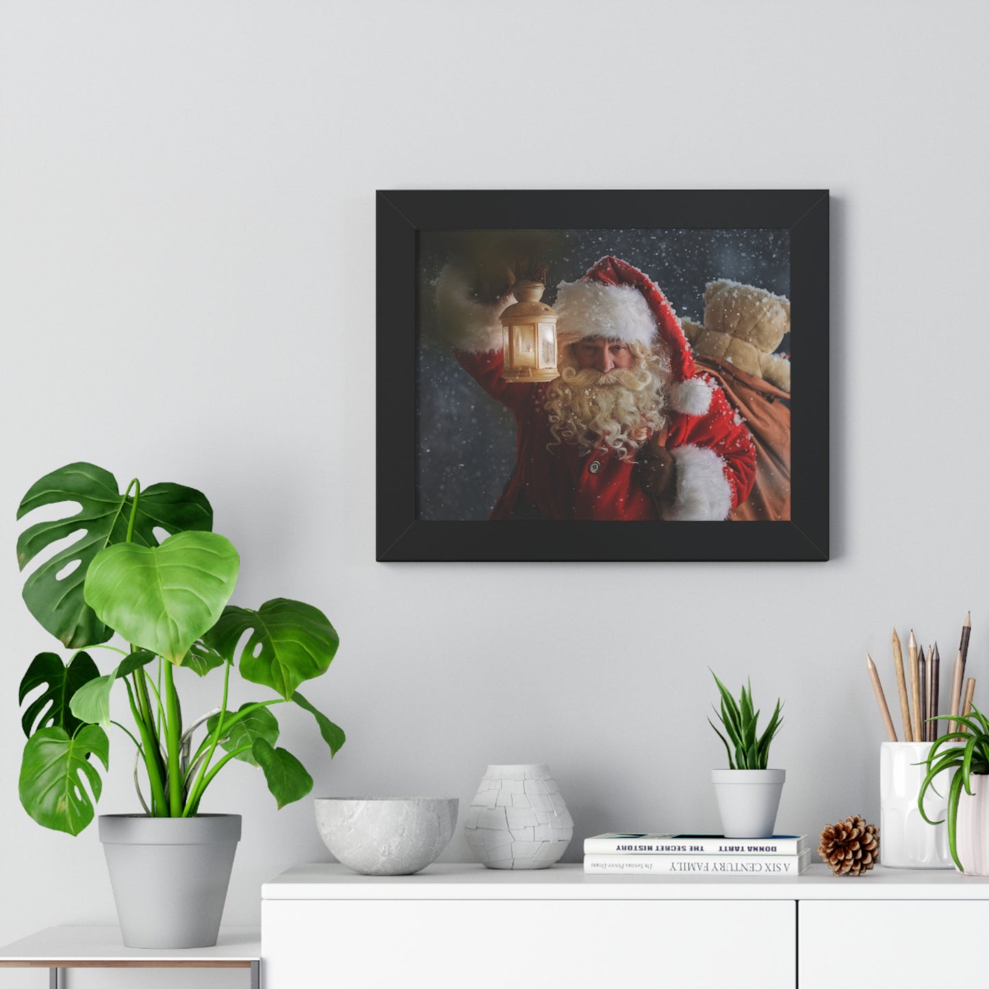 Christmas Wall Art Vintage Santa Claus with Lantern and Toy Bag | Vintage Mantle Art