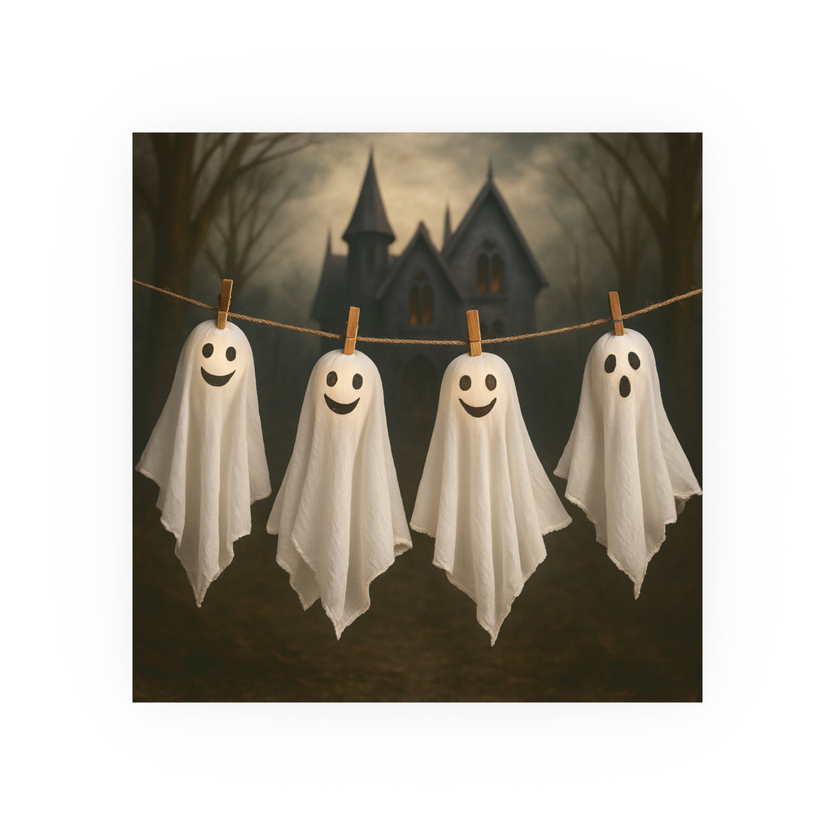 Four white ghost decorations with simple black smiley faces hang from a string on wooden clothespins against a dark, spooky haunted-house background.
