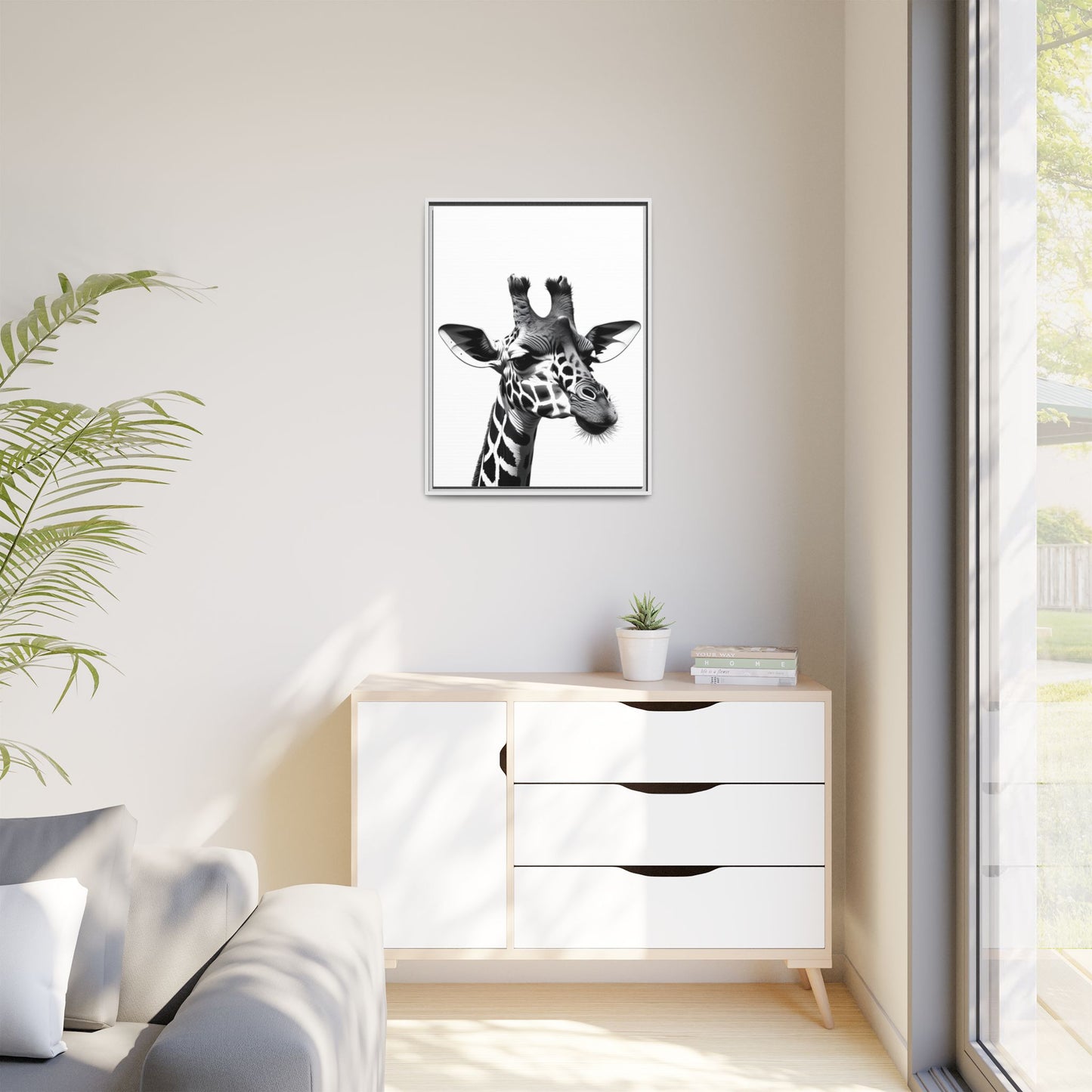 Black and White Giraffe Wall Art – Framed Safari Animal Canvas Print