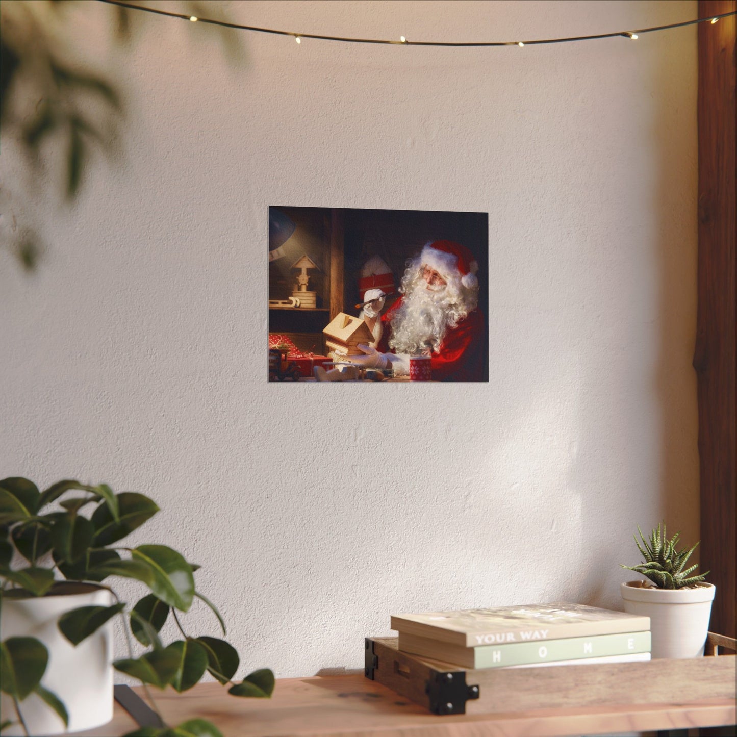 Santa's Workshop Poster, Christmas Wall Art of Santa Making Toys, Vintage Holiday Print, Santa Claus in Toy Shop, Festive Christmas Poster