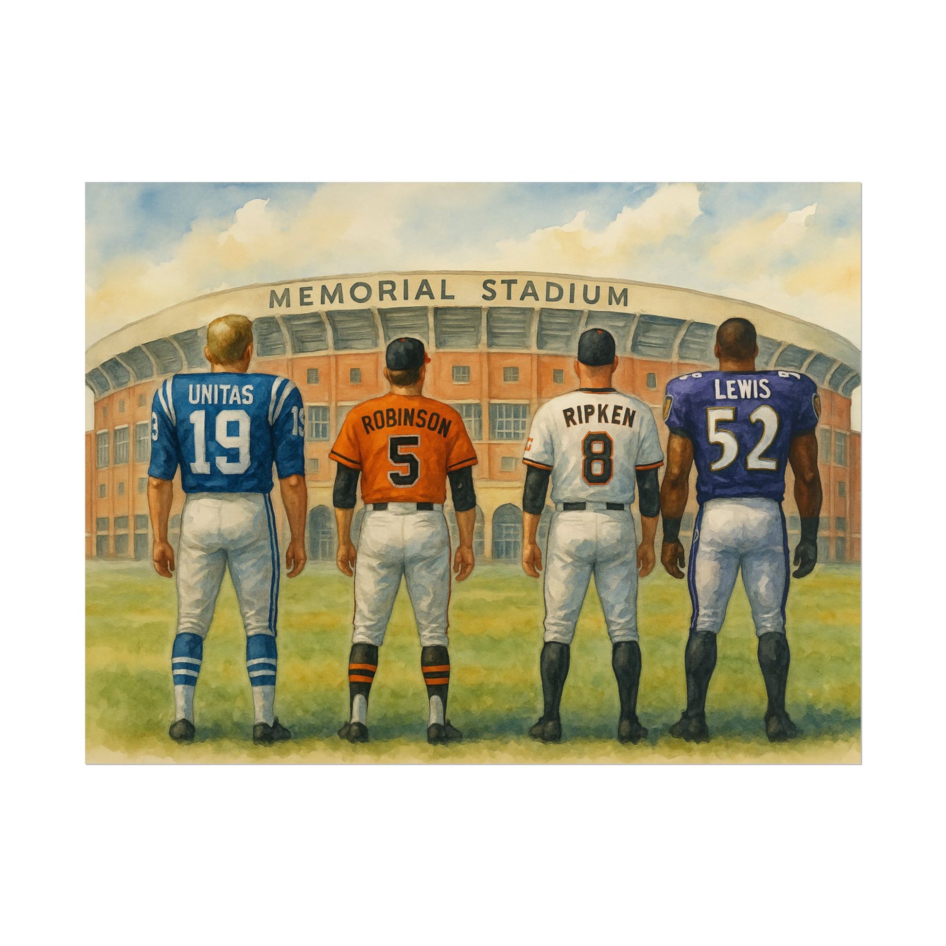 Baltimore sports legends  in vintage uniforms standing in front of Memorial Stadium.