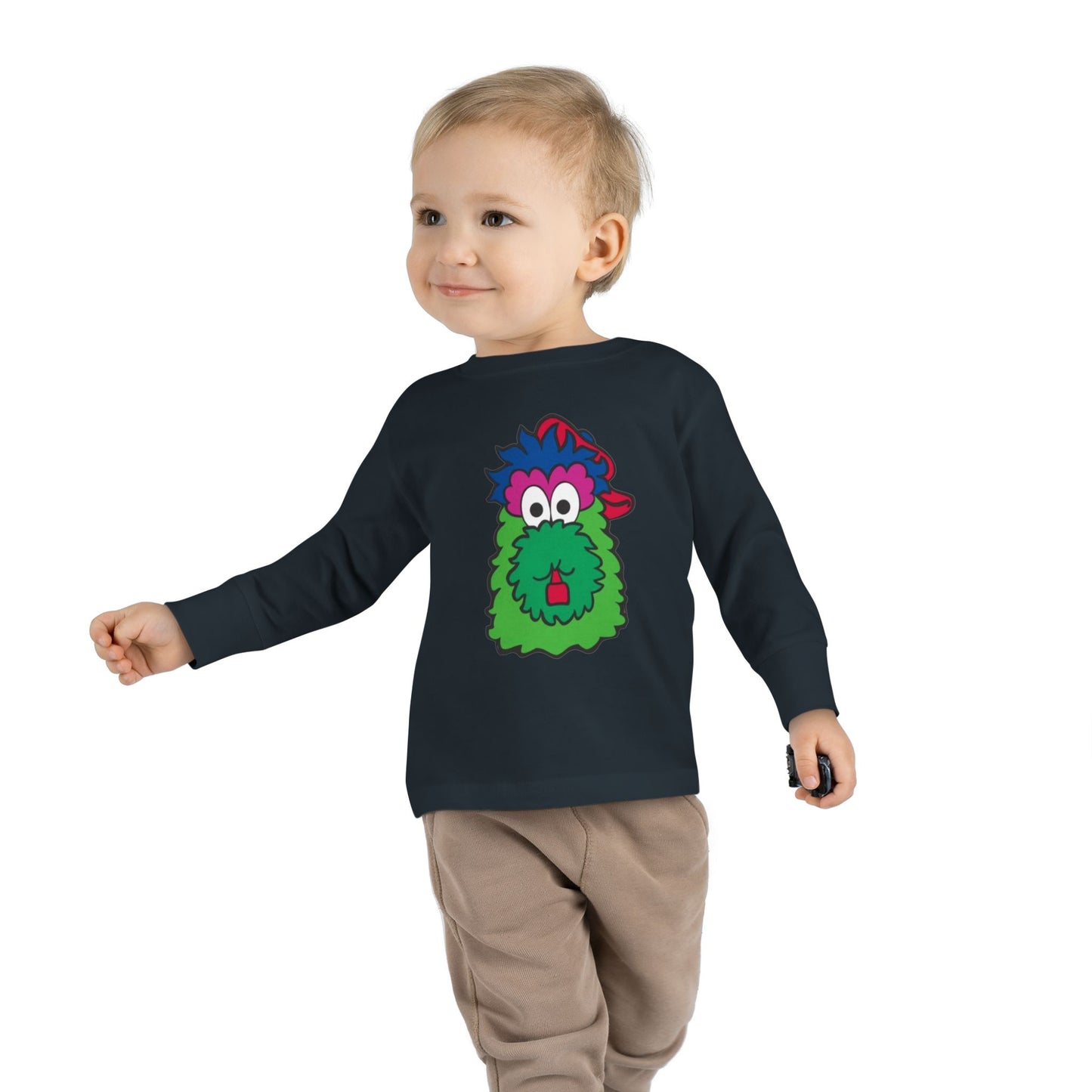 Cute Cartoon Mascot Kids Shirt – Fun Green Character Long Sleeve Tee