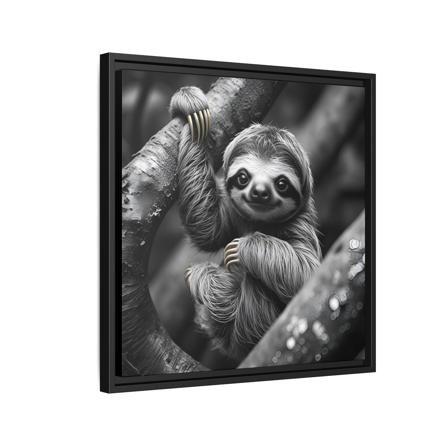 Smiling Sloth Hanging on Tree Branch Wall Art on Framed Canvas, Sloth Lover Gift, Nursery Decor, Wildlife Artwork