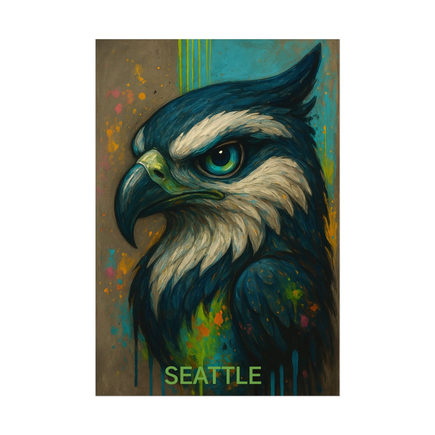 Artistic depiction of an eagle with 'Seattle' text on a colorful background