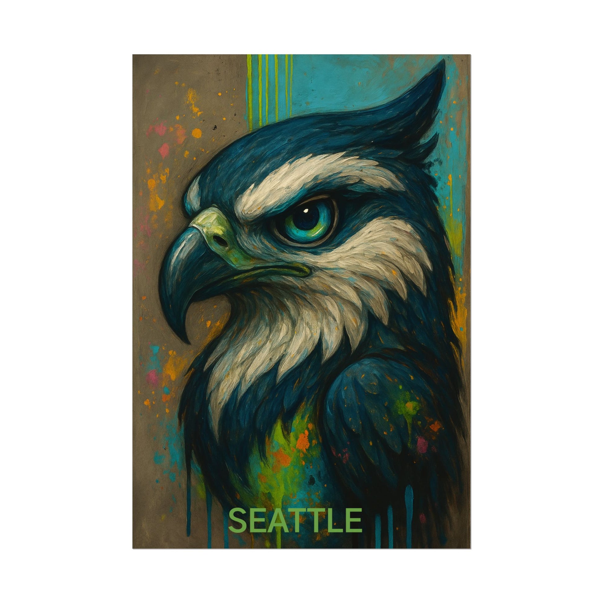 Artistic depiction of an eagle with 'Seattle' text on a colorful background