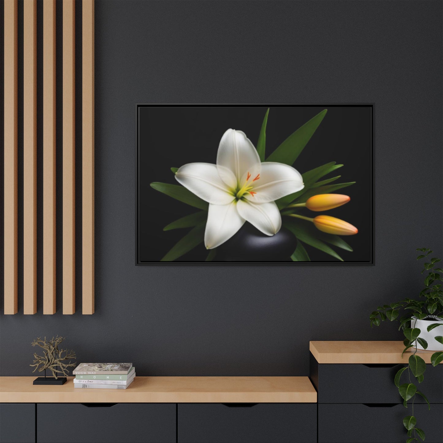 White Lily Wall Art Canvas Print Framed | Elegant Floral Wall Decor for Bedroom, Living Room, Bathroom
