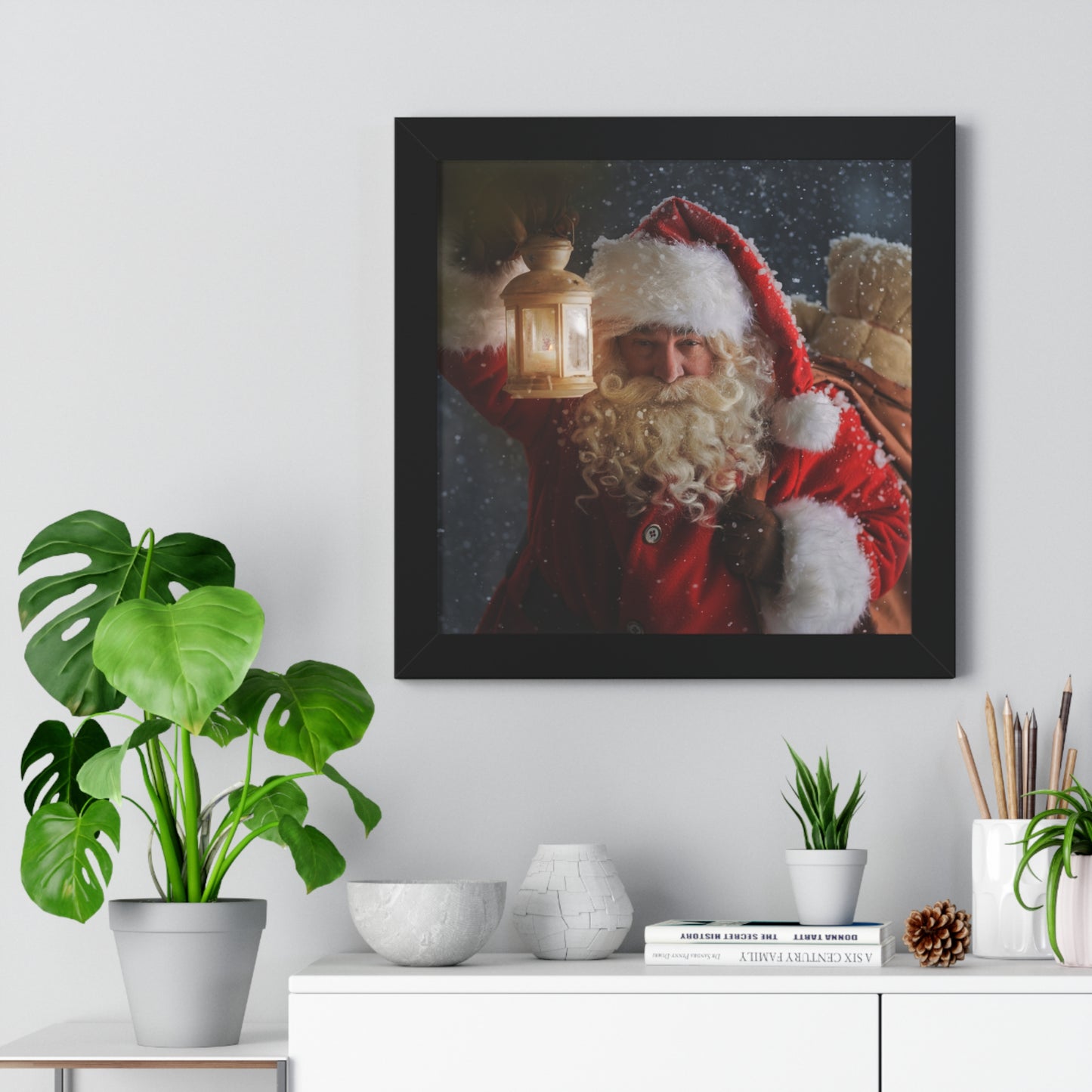 Christmas Wall Art Vintage Santa Claus with Lantern and Toy Bag | Vintage Mantle Art