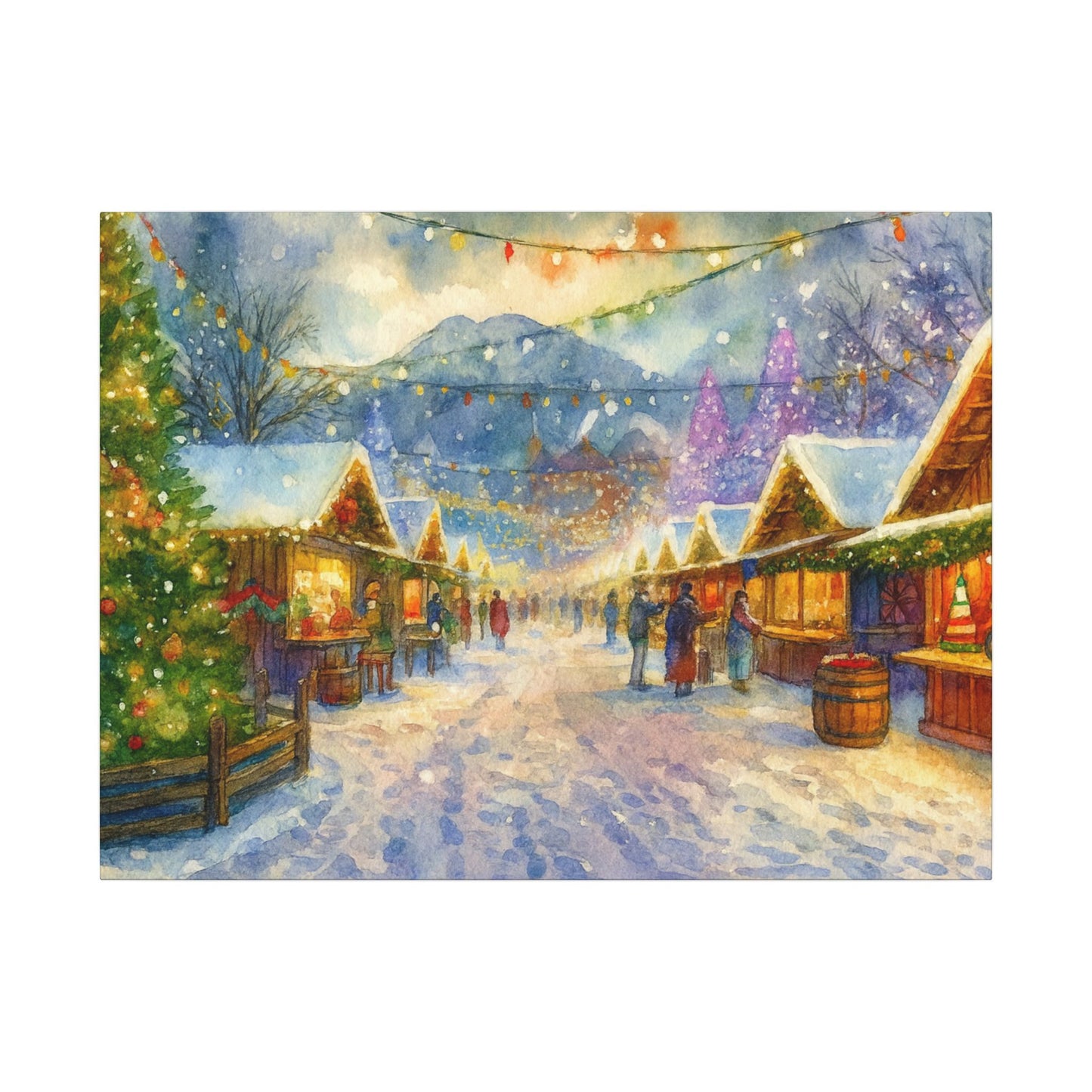 Winter village scene with snow-covered roofs and people walking around, illuminated by string lights.